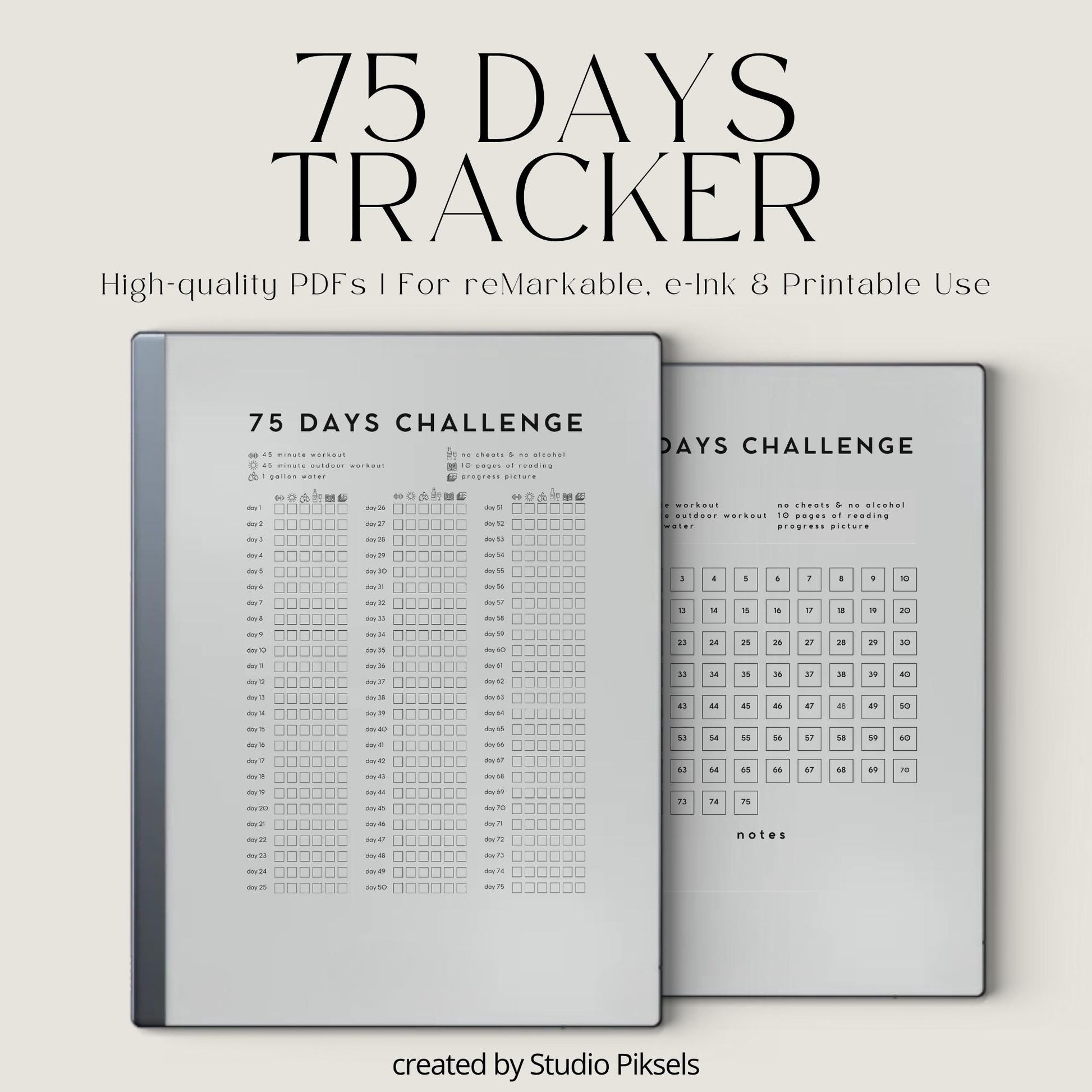 75-Day Challenge Tracker Bundle PDF for reMarkable 2 and Paper Pure with grayscale fitness tracking pages and minimalist habit challenge layouts