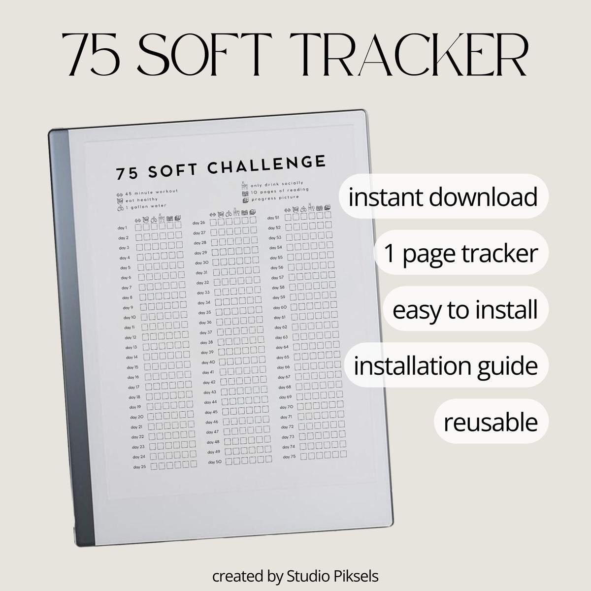 75 Soft Challenge Tracker for reMarkable 2 and reMarkable Paper Pure featuring reusable wellness tracking sections for workouts, hydration, reading, and healthy habits in a minimalist grayscale layout
