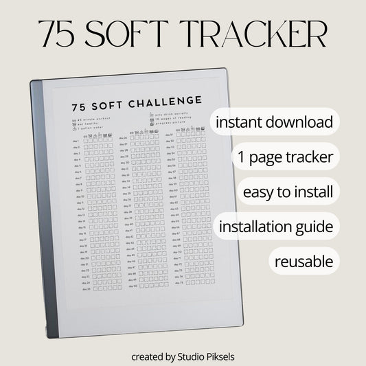 75 Soft Challenge Tracker for reMarkable 2 and reMarkable Paper Pure featuring reusable wellness tracking sections for workouts, hydration, reading, and healthy habits in a minimalist grayscale layout