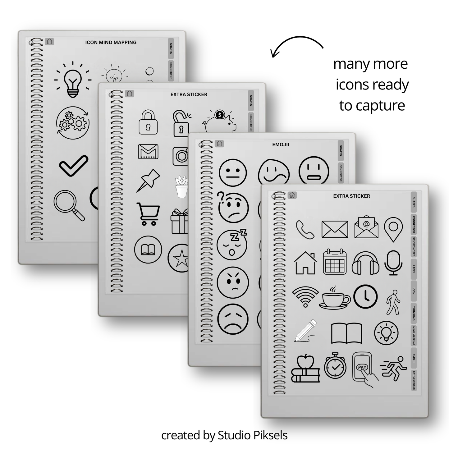 digital mind map stickers for reMarkable Paper Pro, Paper Pure, and reMarkable 2 with connectors, sticky notes, labels, icons, and emojis.