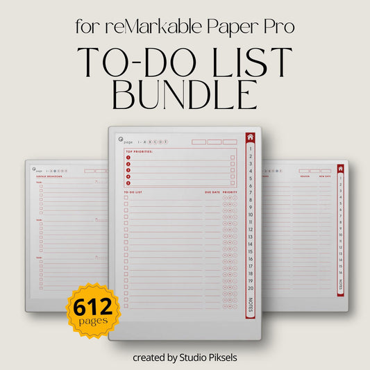 To Do List Mega Bundle PDF for reMarkable Paper Pro Move with 8 hyperlinked notebooks and customizable task list layouts.