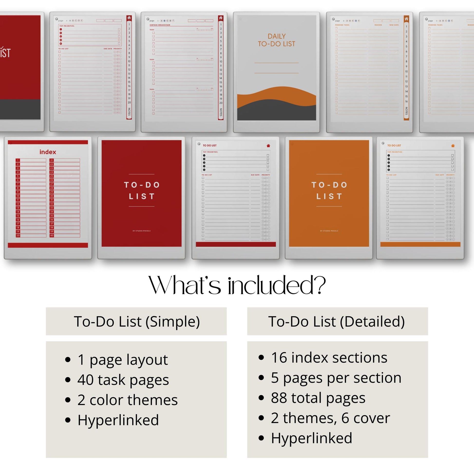 To Do List Mega Bundle PDF for reMarkable Paper Pro Move with 8 hyperlinked notebooks and customizable task list layouts.