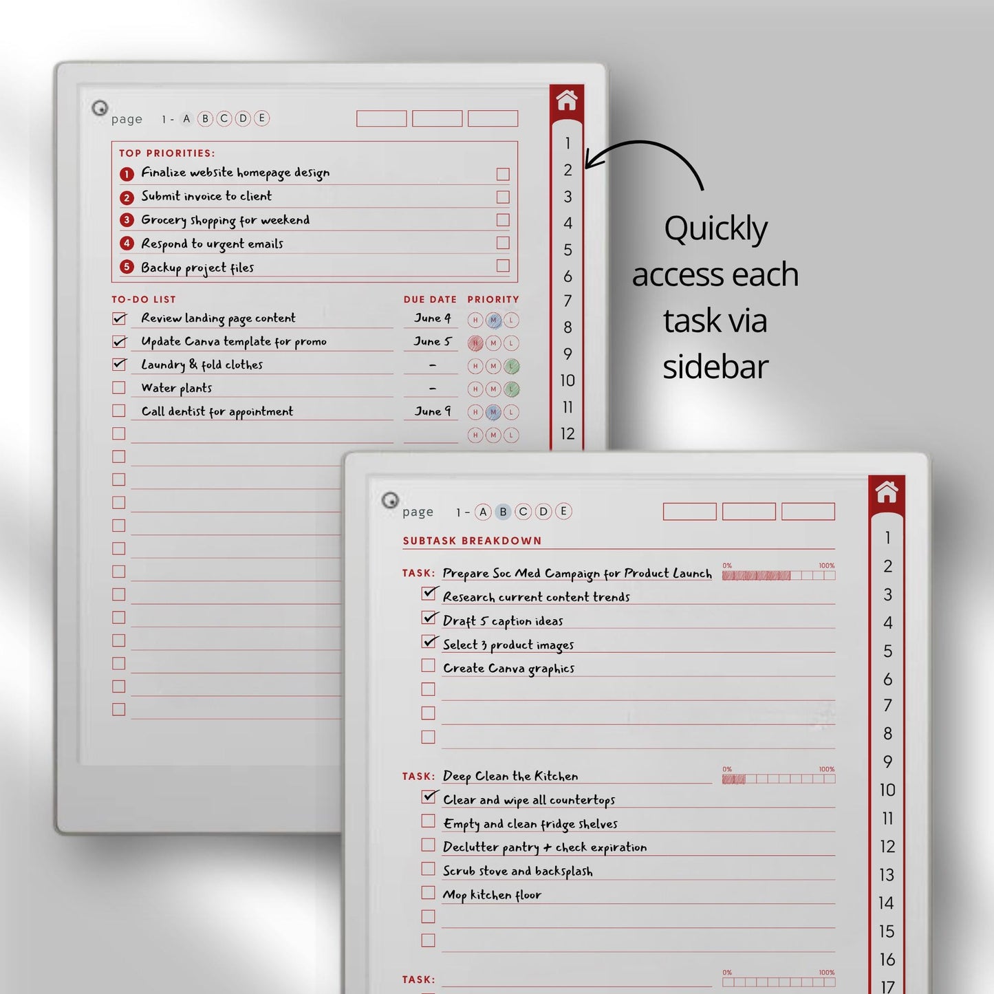To Do List Mega Bundle PDF for reMarkable Paper Pro Move with 8 hyperlinked notebooks and customizable task list layouts.