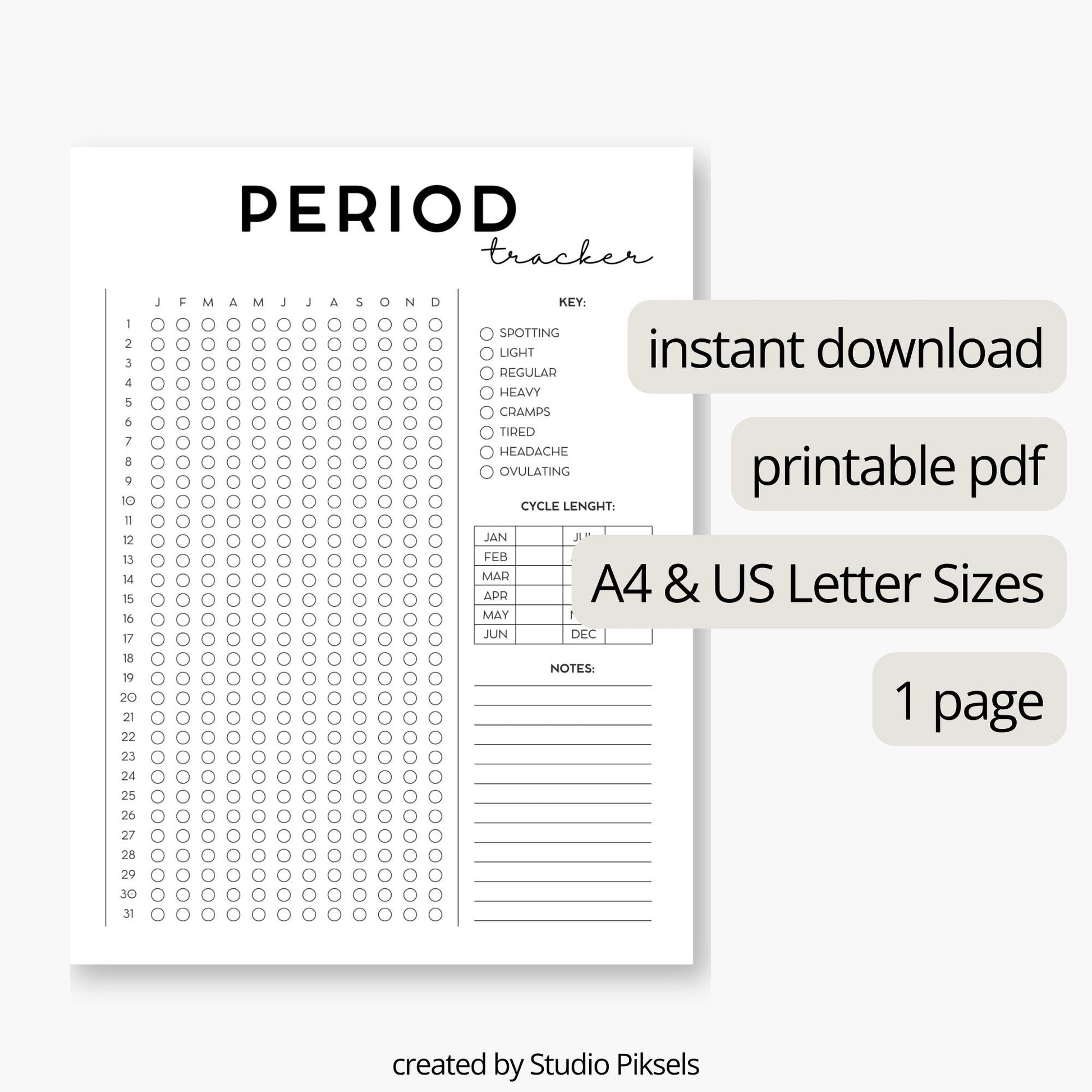 Printable Period Tracker, Ovulation Tracker, Period Planner