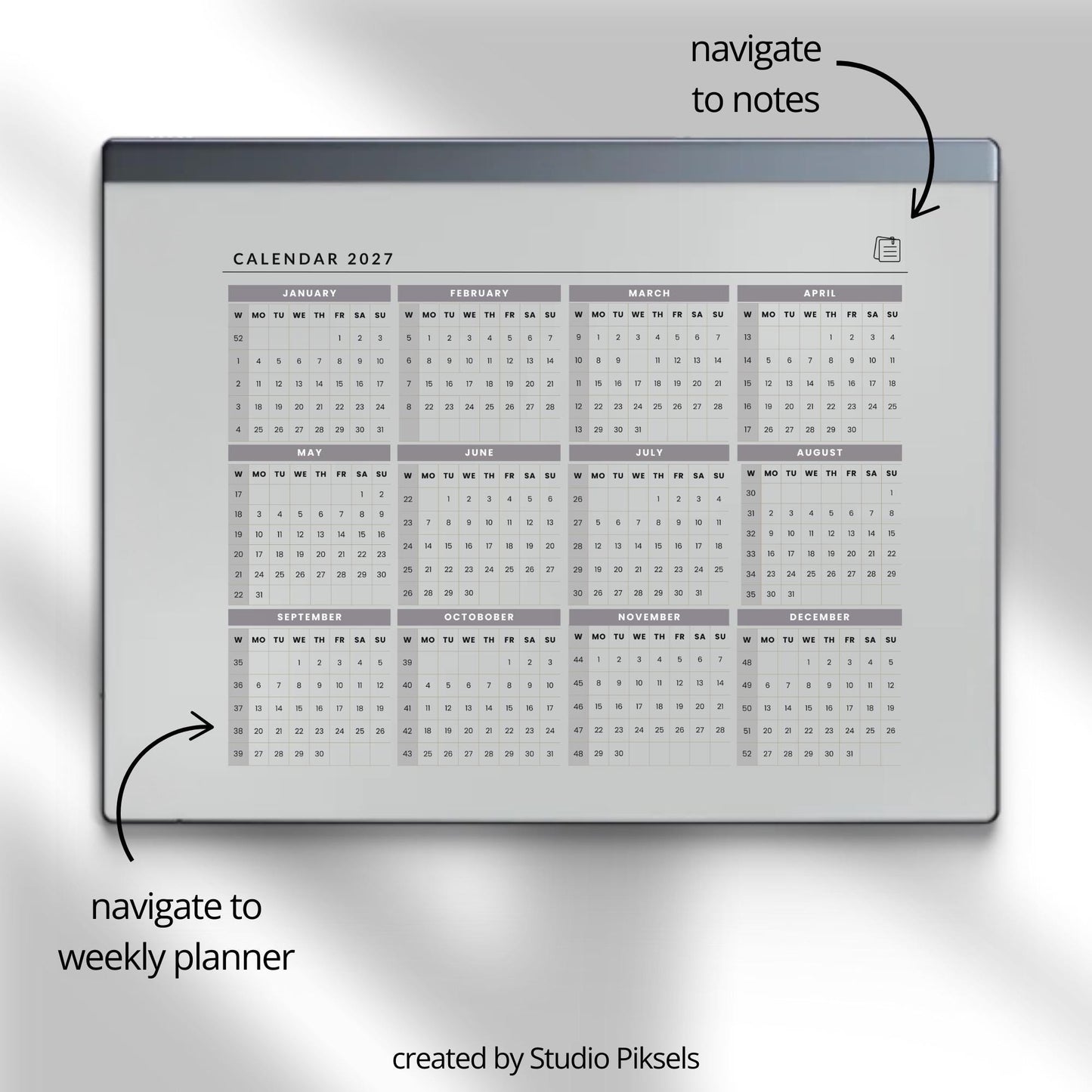 2026 + 2027 Hyperlinked Week Planner for reMarkable