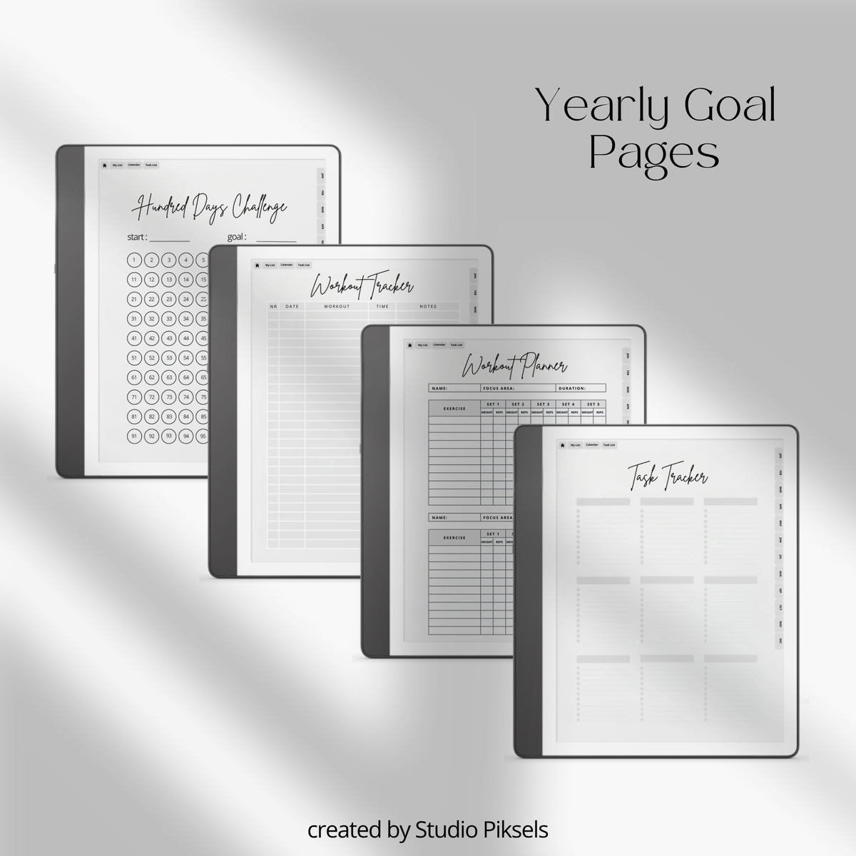 2026 + 2027 Fitness Planner for Kindle Scribe featuring hyperlinked workout tracking, exercise routines, fitness goals, health planning, and progress pages.