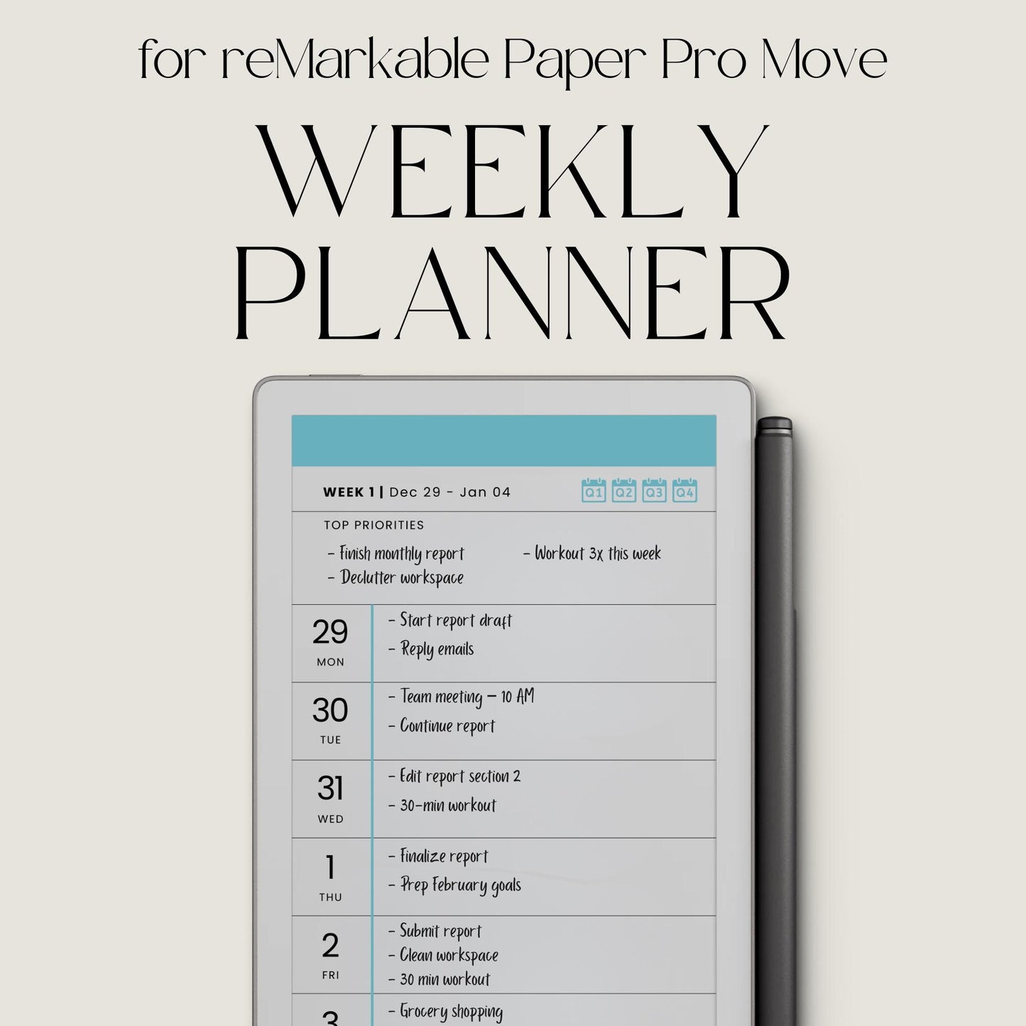 2026 Hyperlinked Weekly Planner for reMarkable Paper Pro Move