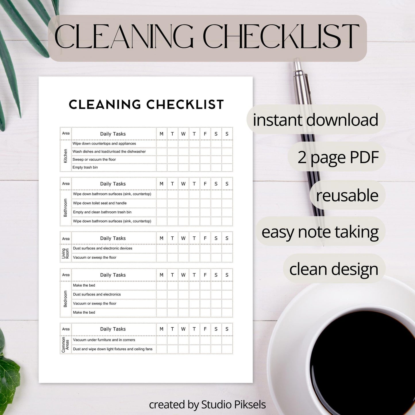 Cleaning Check List, Cleaning Tracker PDF Printable