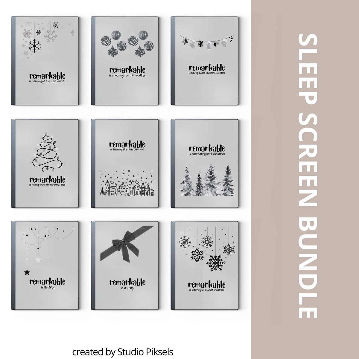 Christmas sleep screen bundle for reMarkable 2 and reMarkable Paper Pure with festive holiday and winter artwork in PNG and PDF format