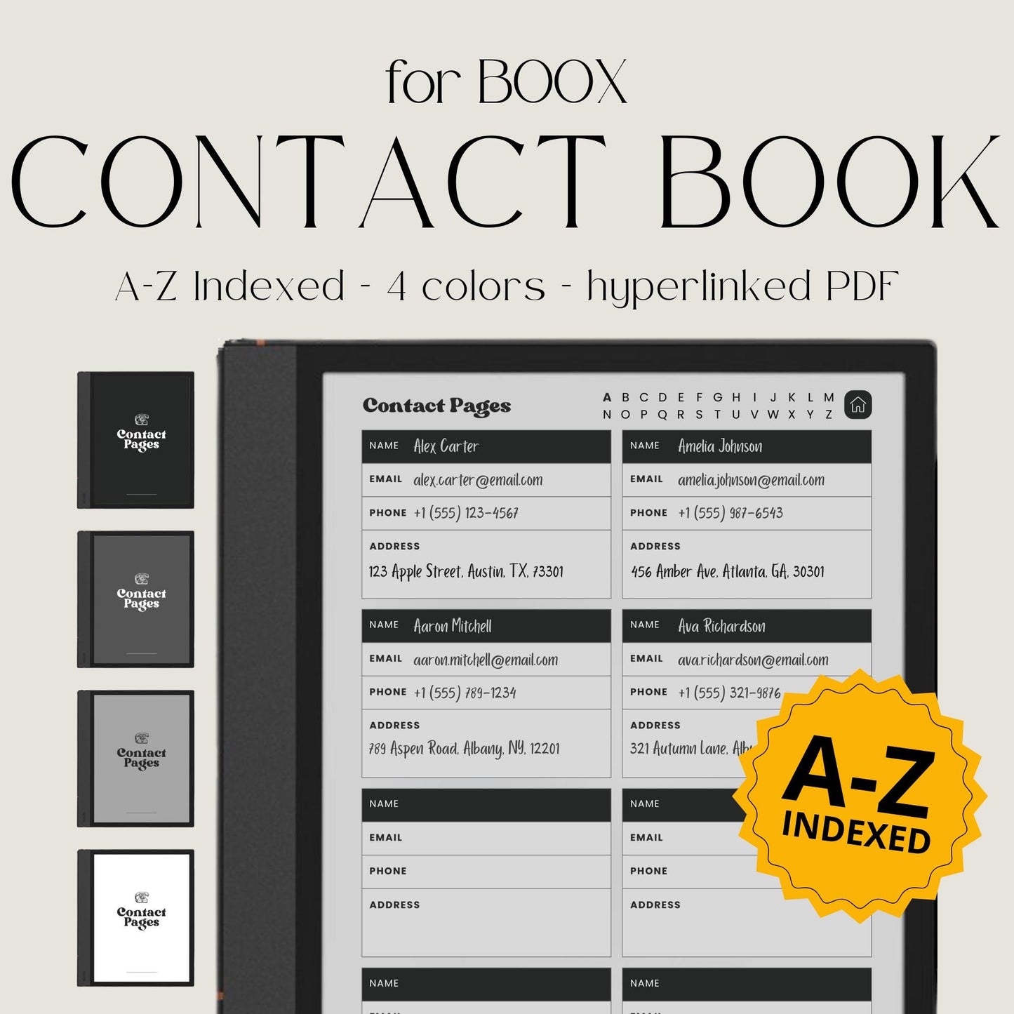 Digital Contact Book Bundle for BOOX with hyperlinked A–Z contact pages and minimalist grey digital organizer layouts.
