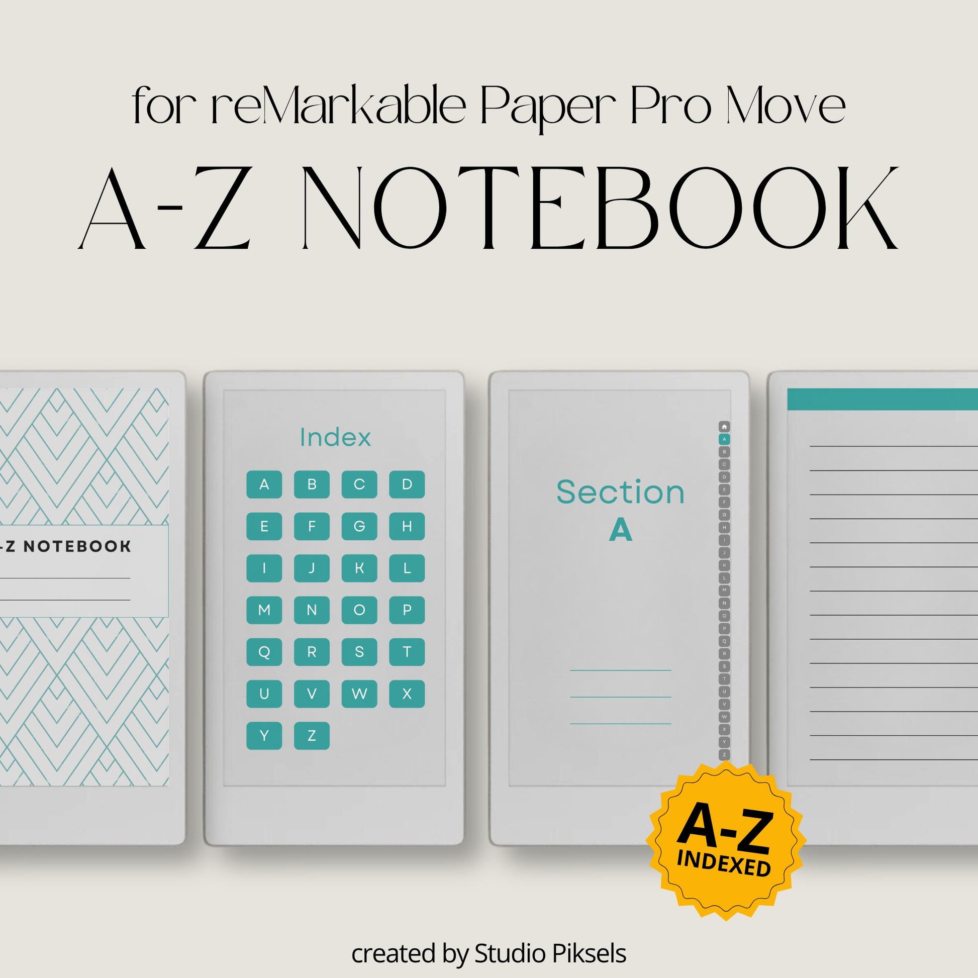 A–Z Indexed Notebook for reMarkable Paper Pro in three color versions.