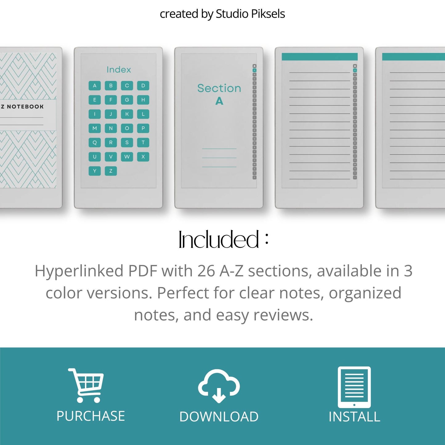 A–Z Indexed Notebook for reMarkable Paper Pro in three color versions.