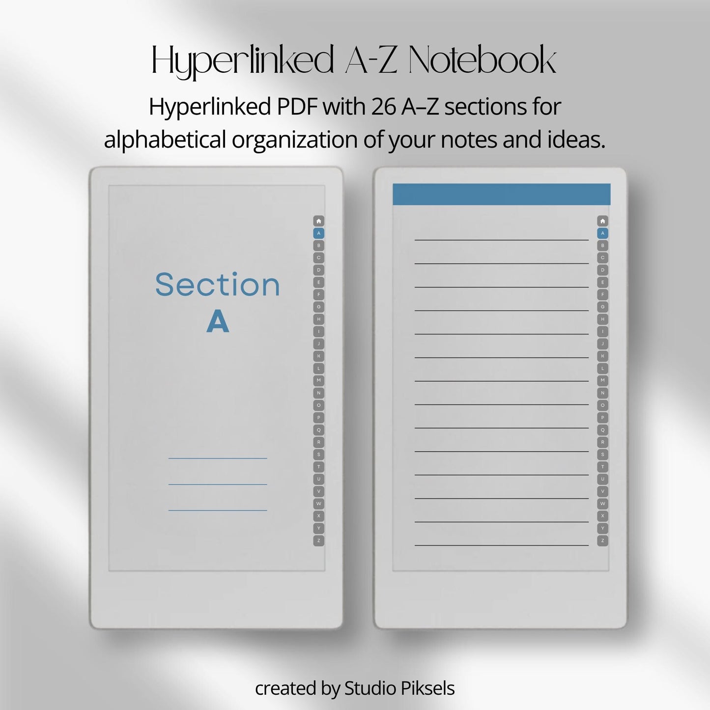 A–Z Indexed Notebook for reMarkable Paper Pro in three color versions.