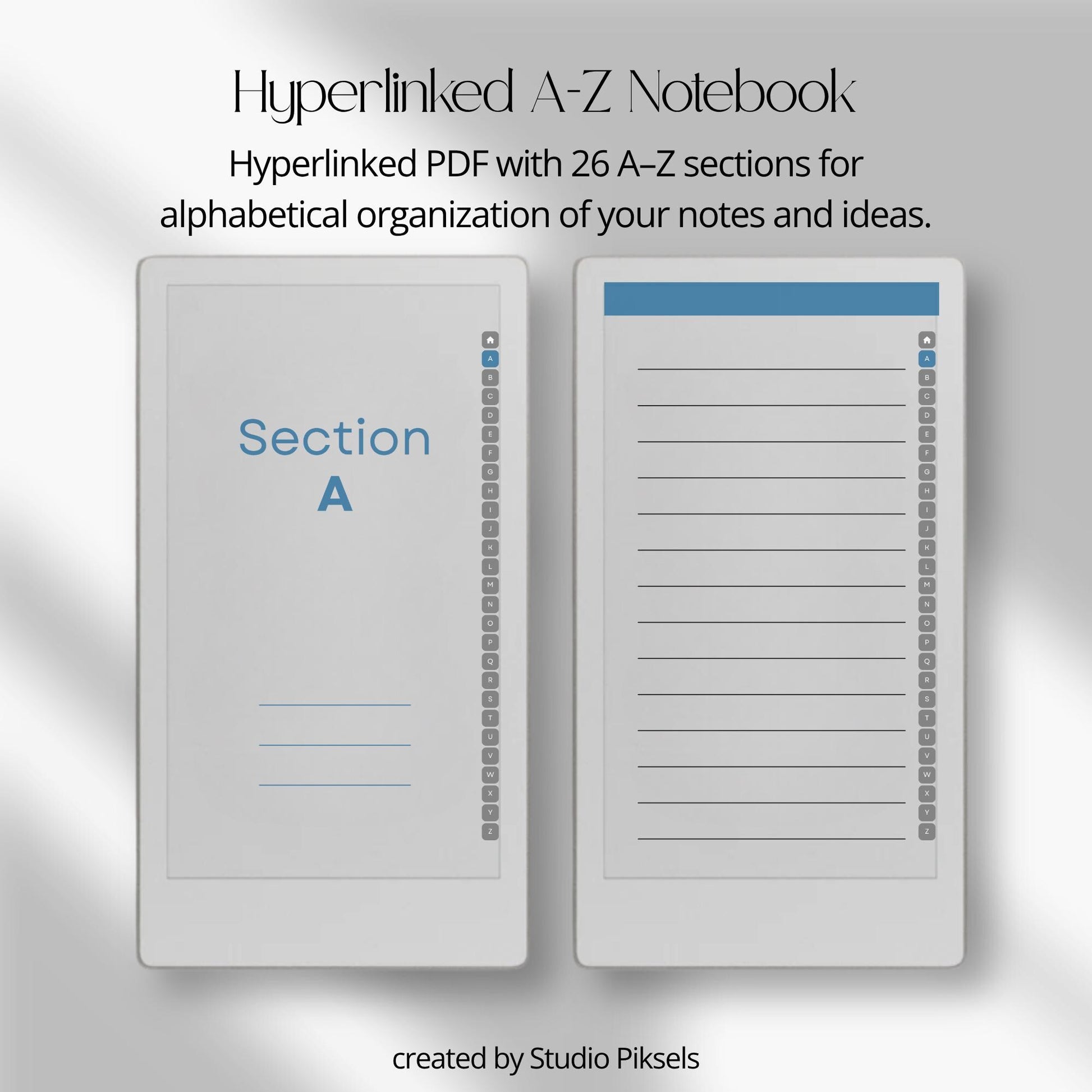 A–Z Indexed Notebook for reMarkable Paper Pro in three color versions.