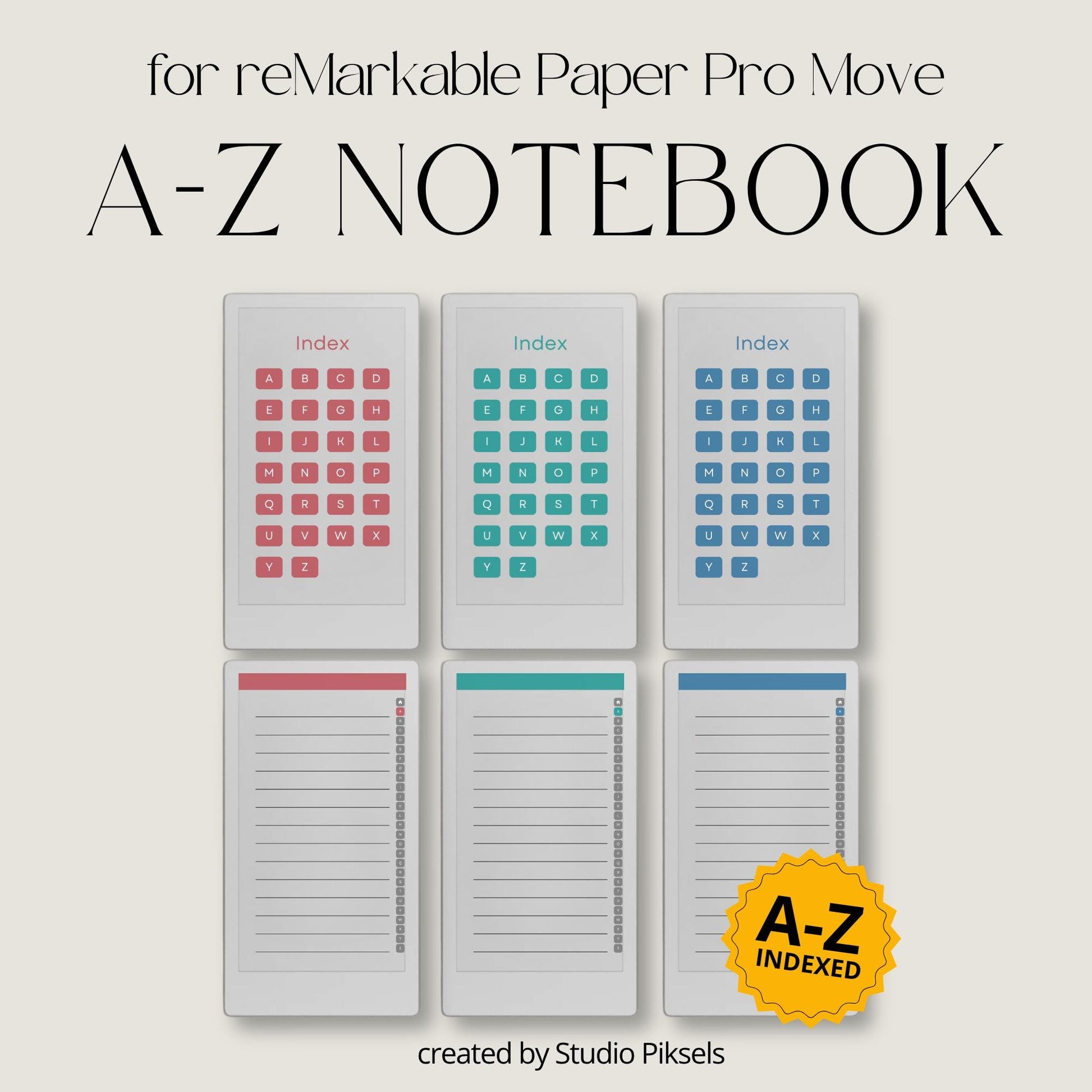 A–Z Indexed Notebook for reMarkable Paper Pro in three color versions.