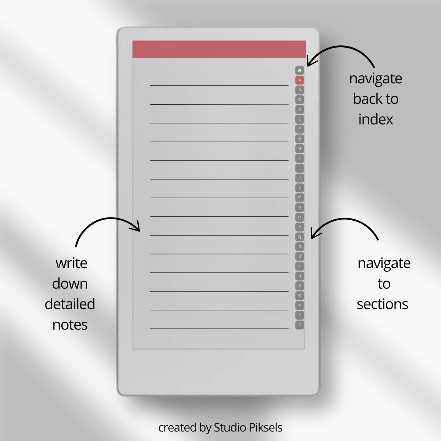A–Z Indexed Notebook for reMarkable Paper Pro in three color versions.