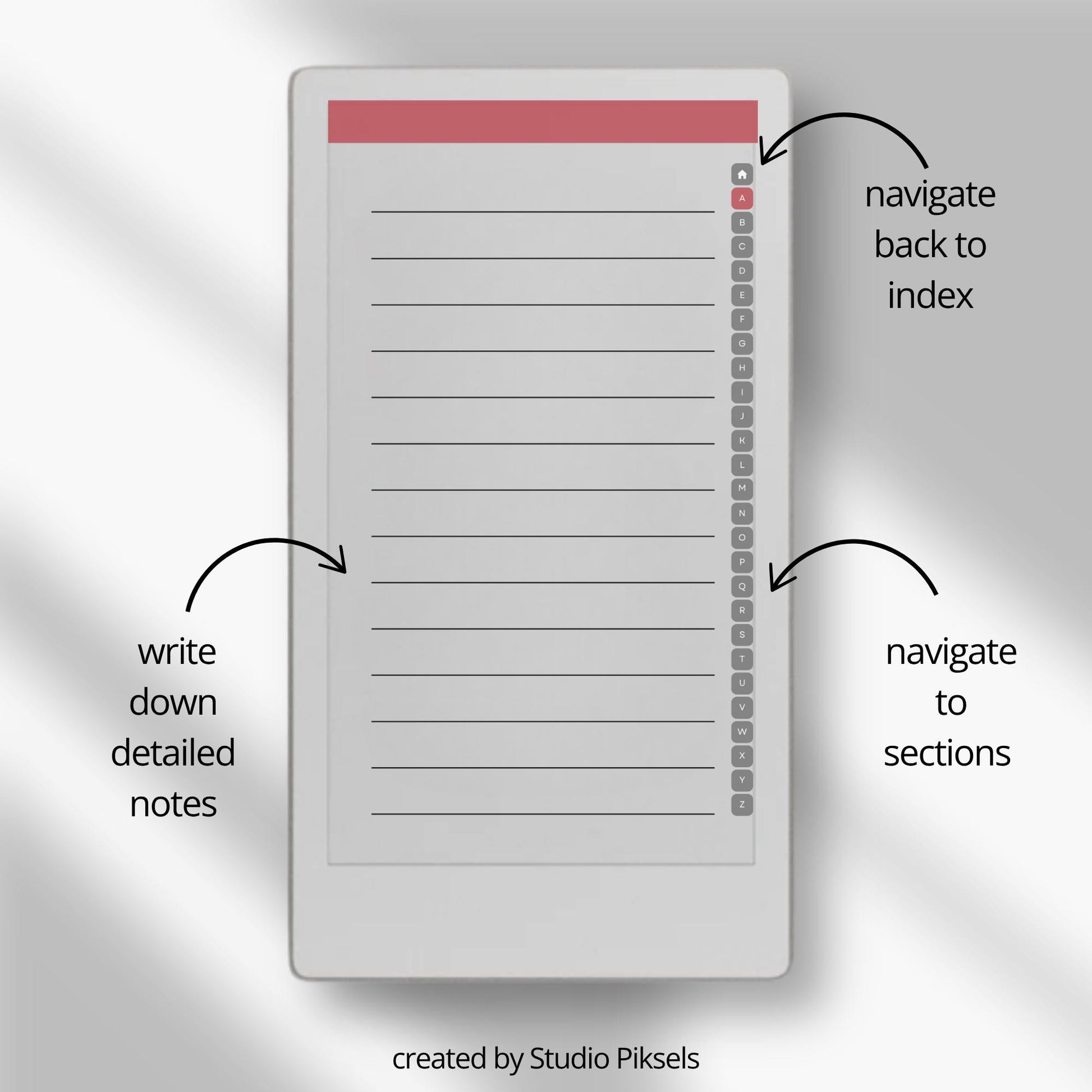 A–Z Indexed Notebook for reMarkable Paper Pro in three color versions.