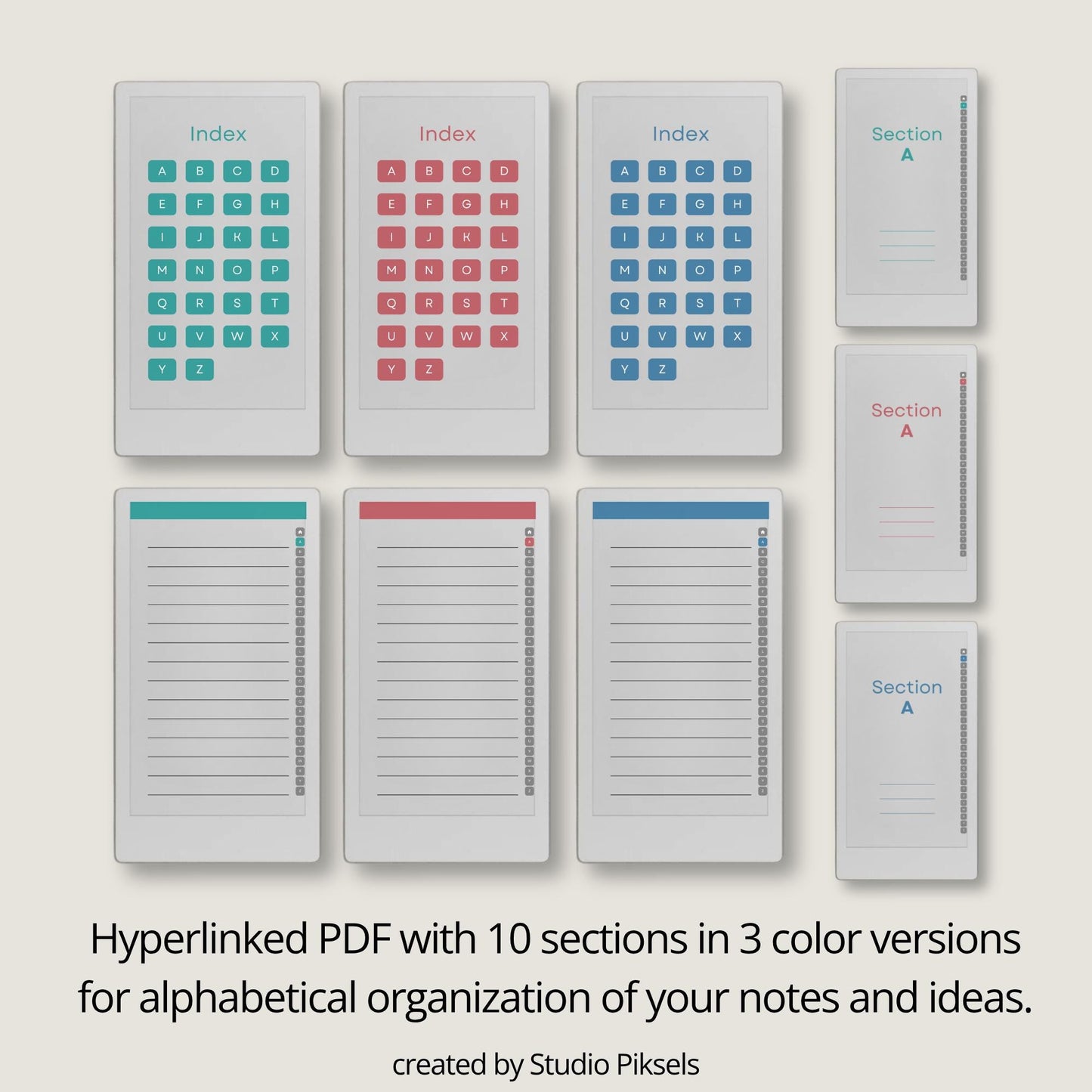 A–Z Indexed Notebook for reMarkable Paper Pro in three color versions.