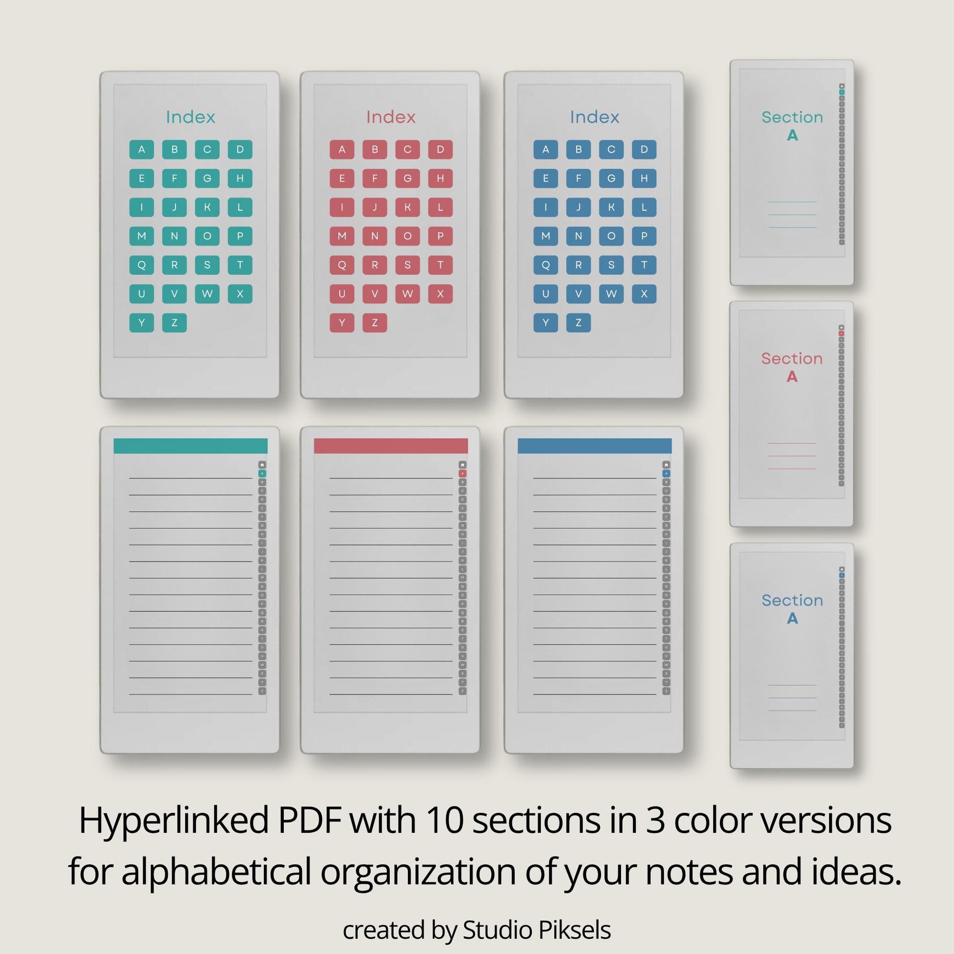 A–Z Indexed Notebook for reMarkable Paper Pro in three color versions.