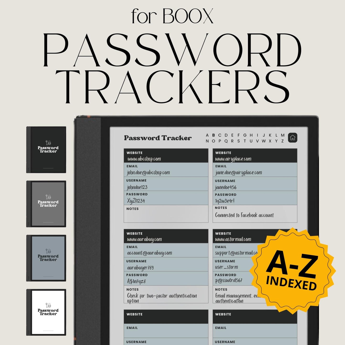 Password Tracker Bundle for BOOX e-Ink tablets with hyperlinked A-Z password pages and grayscale digital organizer layouts.