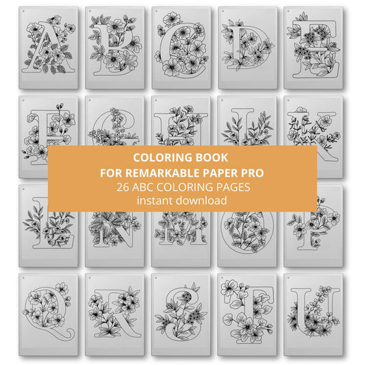 Relax with this ABC Flower Coloring Book for reMarkable Paper Pro featuring 26 floral alphabet coloring pages with decorative patterns designed for creative coloring, tracing, mindfulness, and paperless digital creativity on color eInk devices.