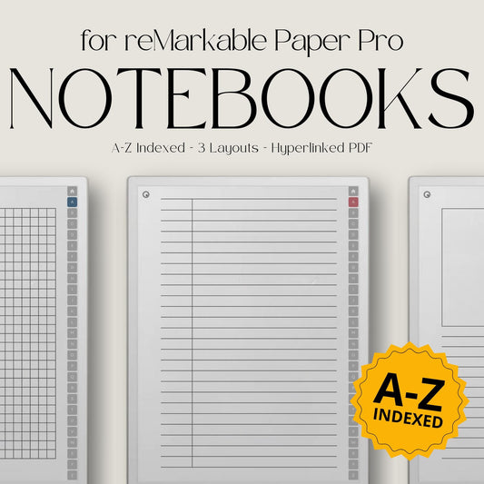 A-Z indexed notebook for reMarkable Paper Pro with clickable letter tabs for fast note organization.