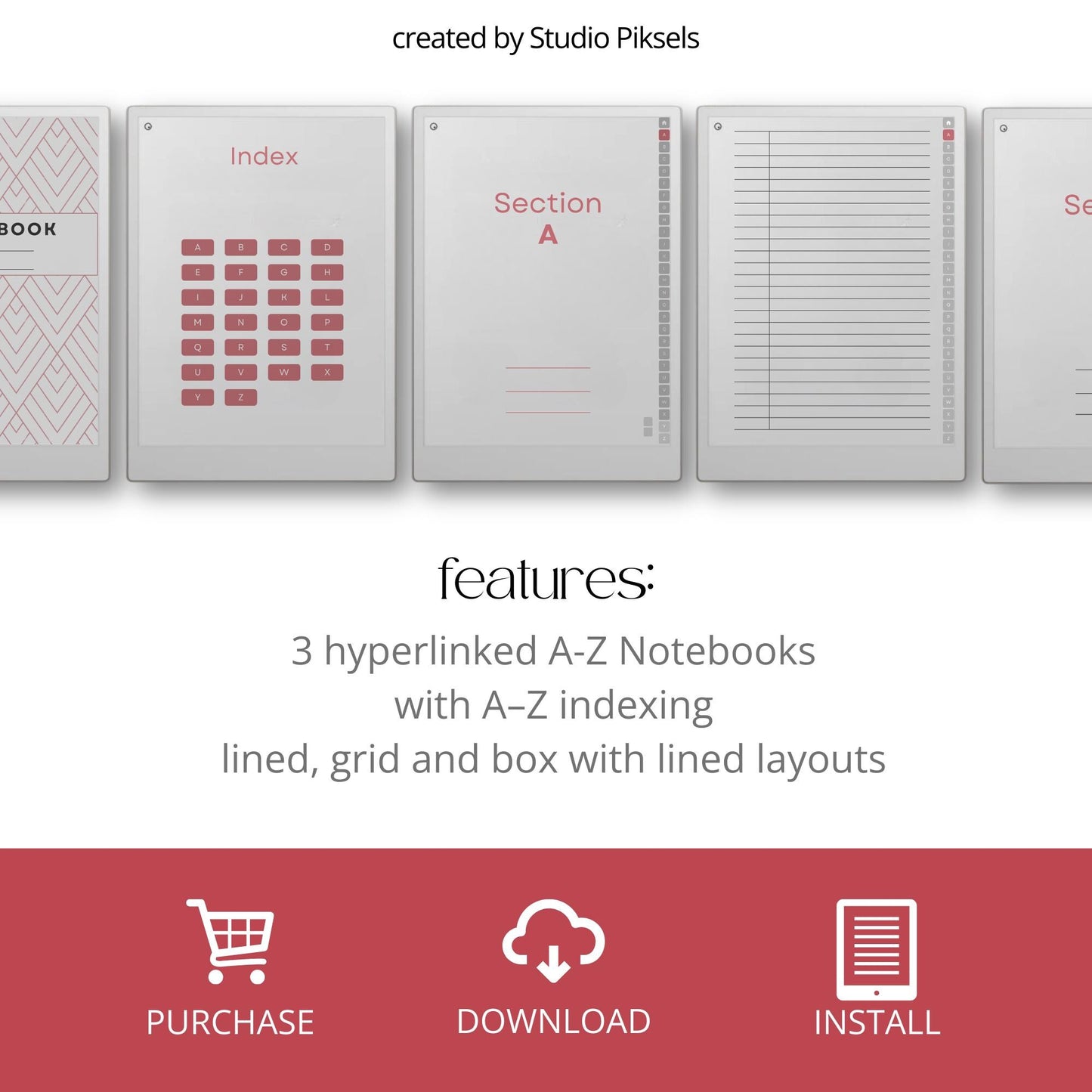 A-Z indexed notebook for reMarkable Paper Pro with clickable letter tabs for fast note organization.
