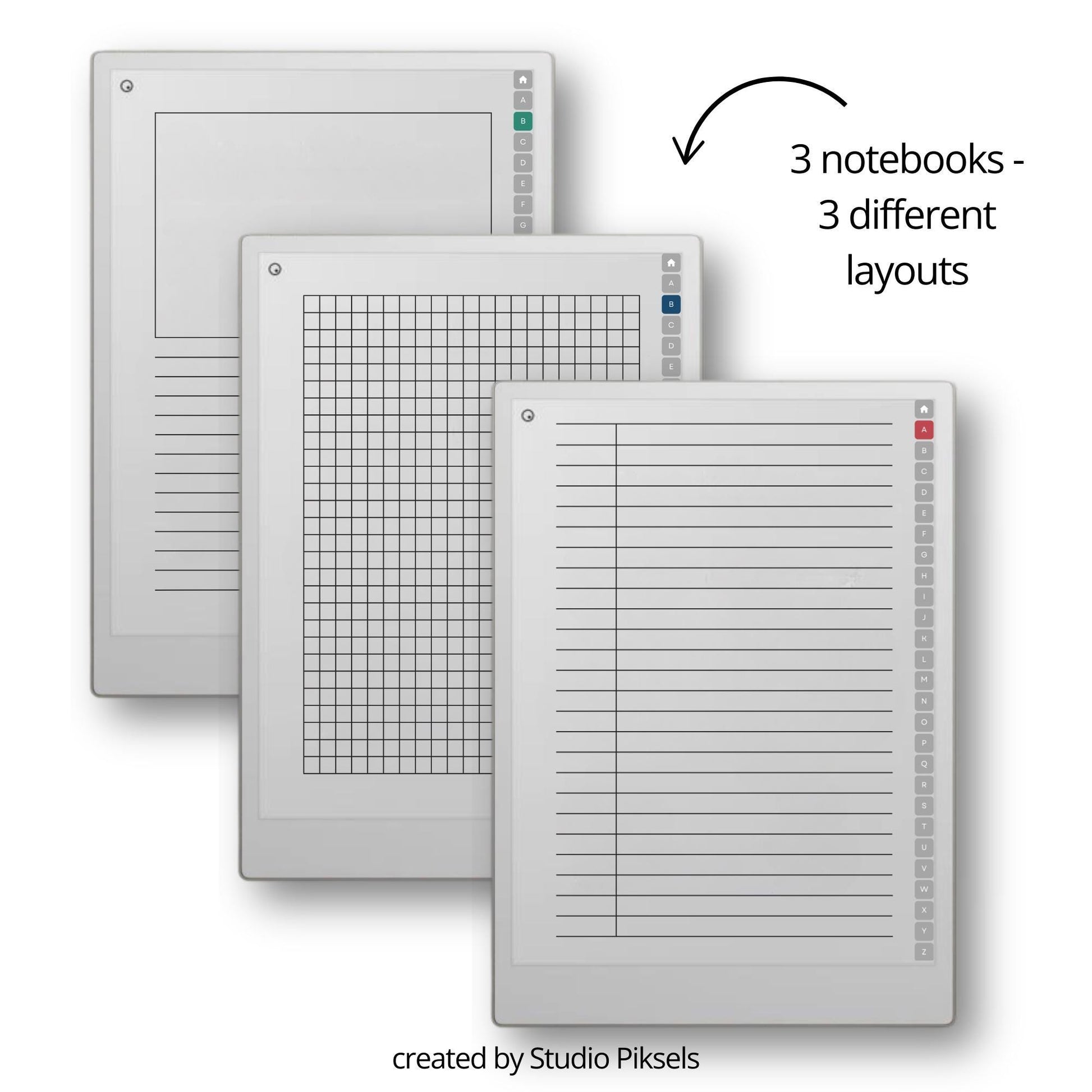 A-Z indexed notebook for reMarkable Paper Pro with clickable letter tabs for fast note organization.
