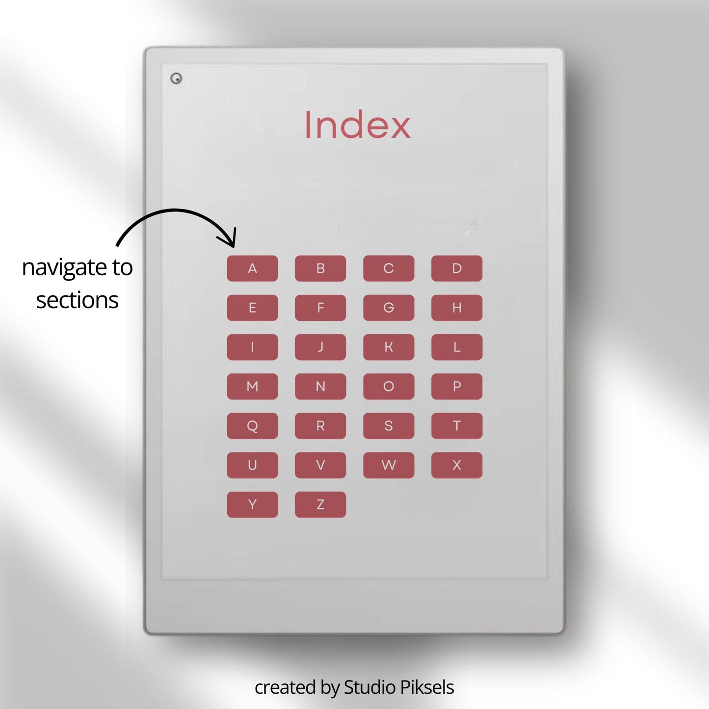 A-Z indexed notebook for reMarkable Paper Pro with clickable letter tabs for fast note organization.