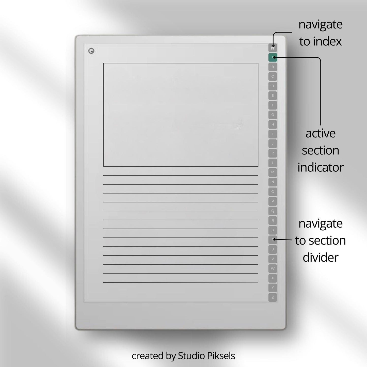 A-Z indexed notebook for reMarkable Paper Pro with clickable letter tabs for fast note organization.