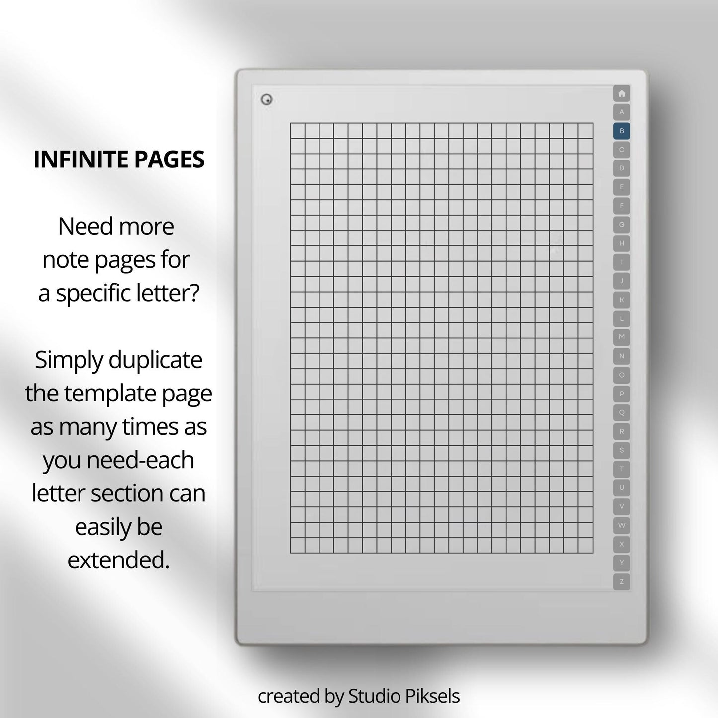 A-Z indexed notebook for reMarkable Paper Pro with clickable letter tabs for fast note organization.