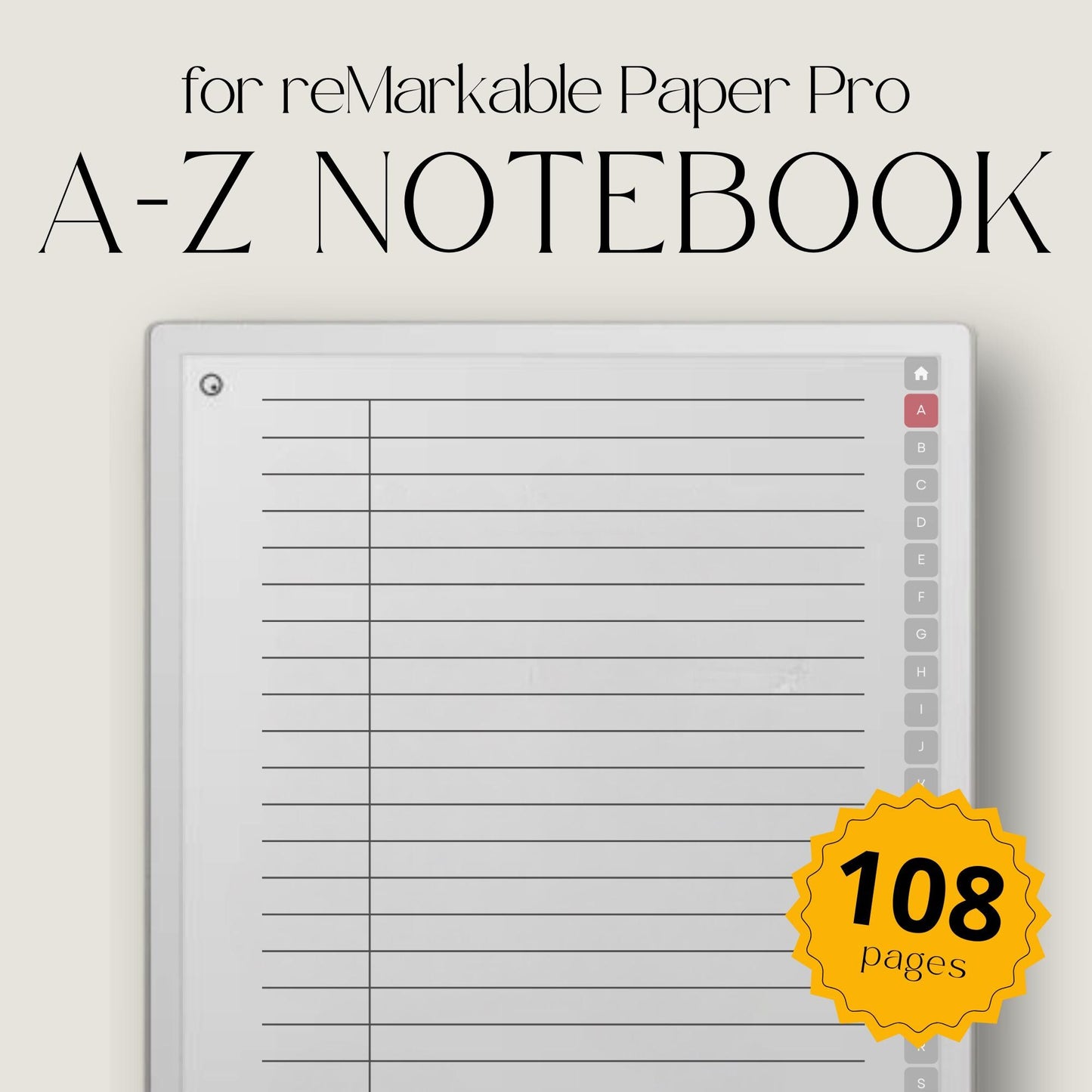 A-Z indexed notebook for reMarkable Paper Pro with clickable letter tabs for fast note organization.