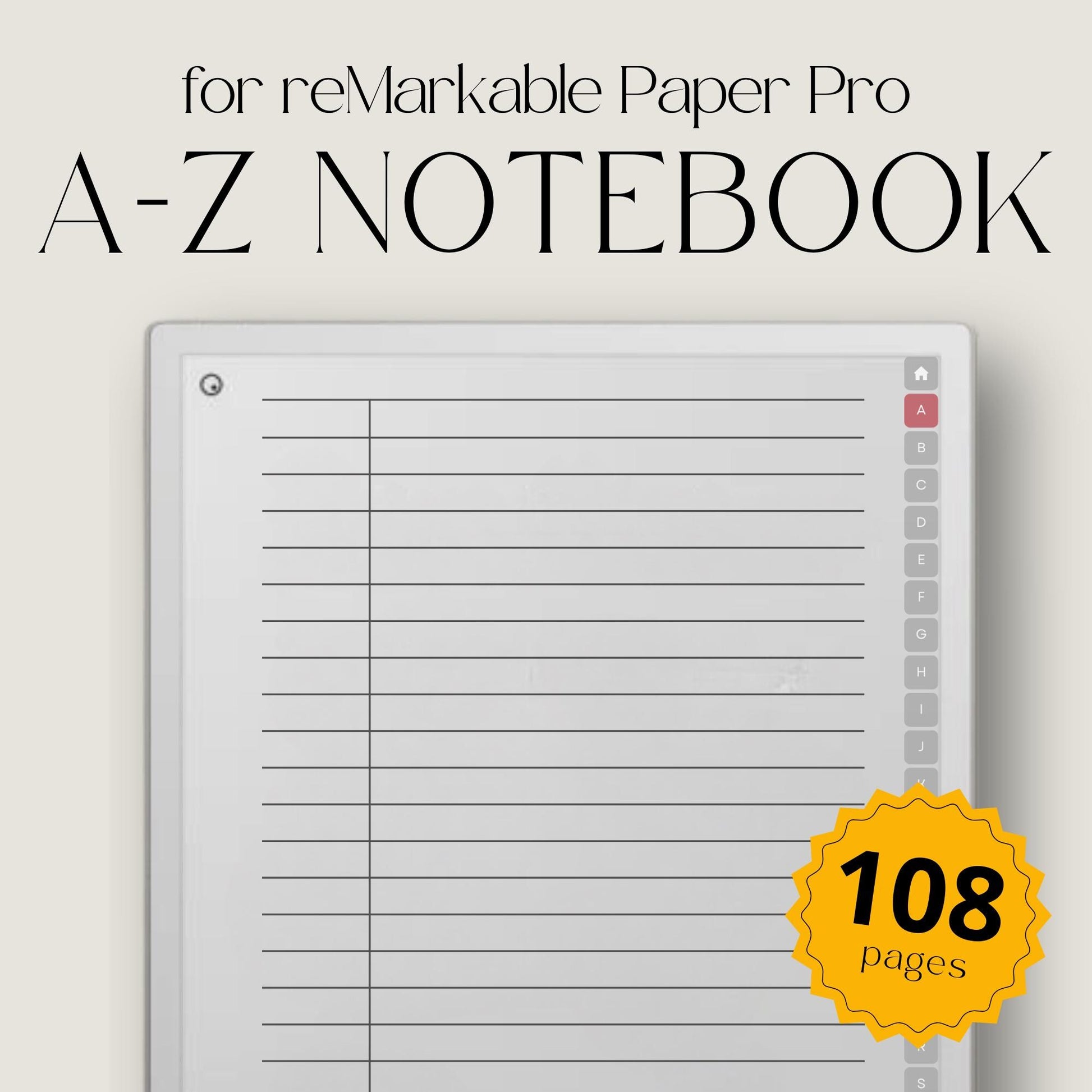 A-Z indexed notebook for reMarkable Paper Pro with clickable letter tabs for fast note organization.