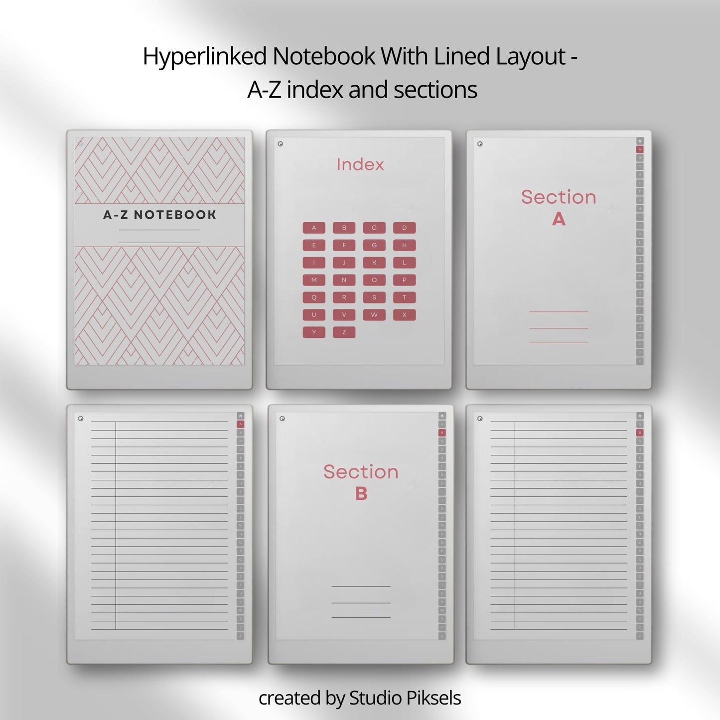 A-Z indexed notebook for reMarkable Paper Pro with clickable letter tabs for fast note organization.