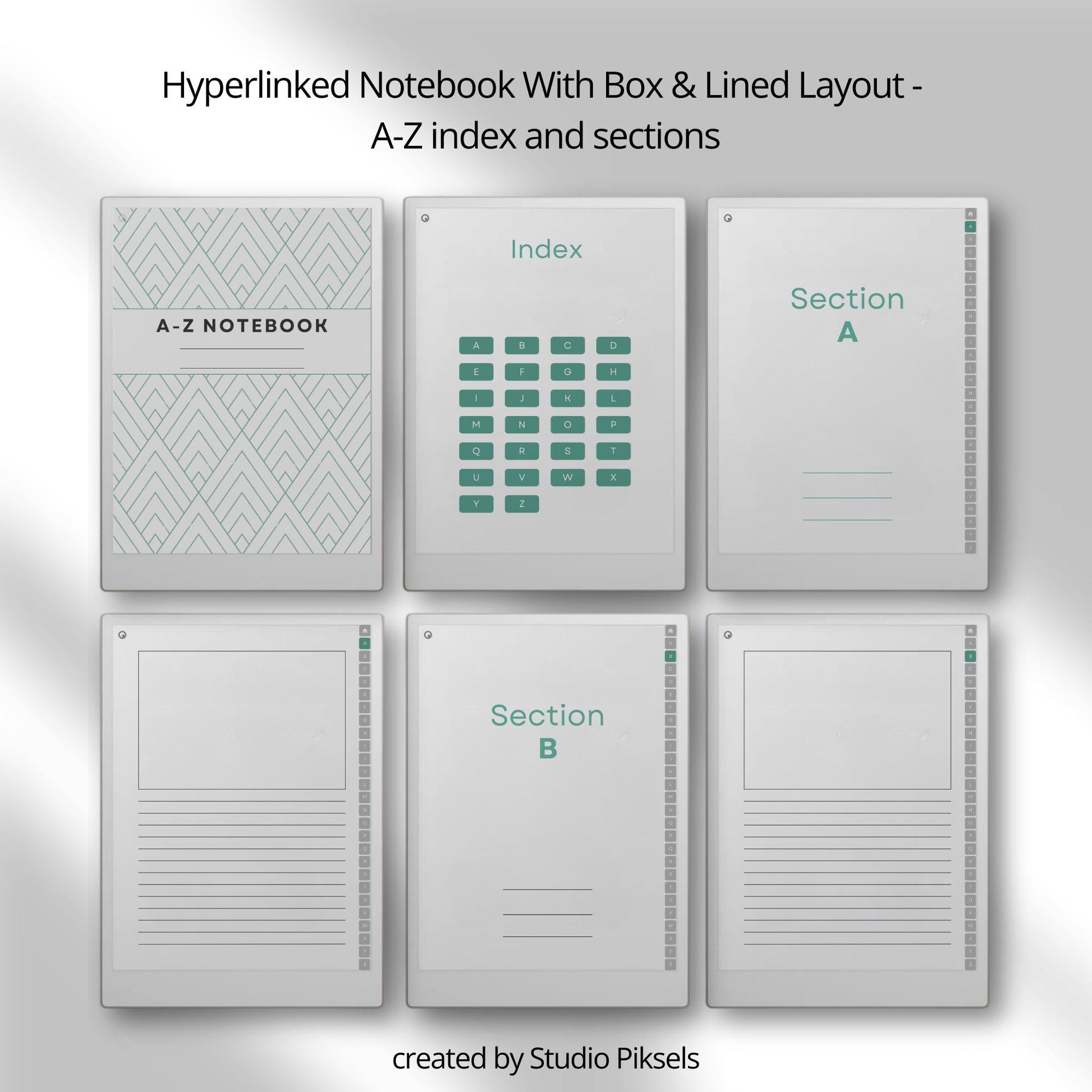 A-Z indexed notebook for reMarkable Paper Pro with clickable letter tabs for fast note organization.