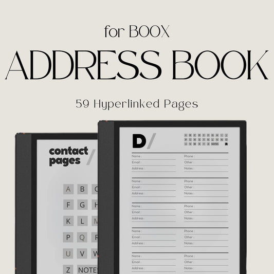 Hyperlinked Address Book for BOOX Note with alphabetical contact sections, linked navigation, and minimalist digital organizer pages.