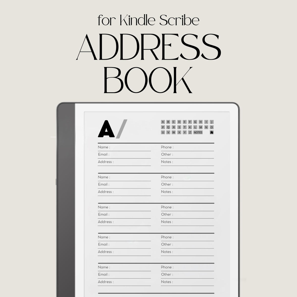 Minimalist hyperlinked Address Book for Kindle Scribe with A to Z navigation tabs, organized contact pages, notes section, and clean digital contact organizer layout.