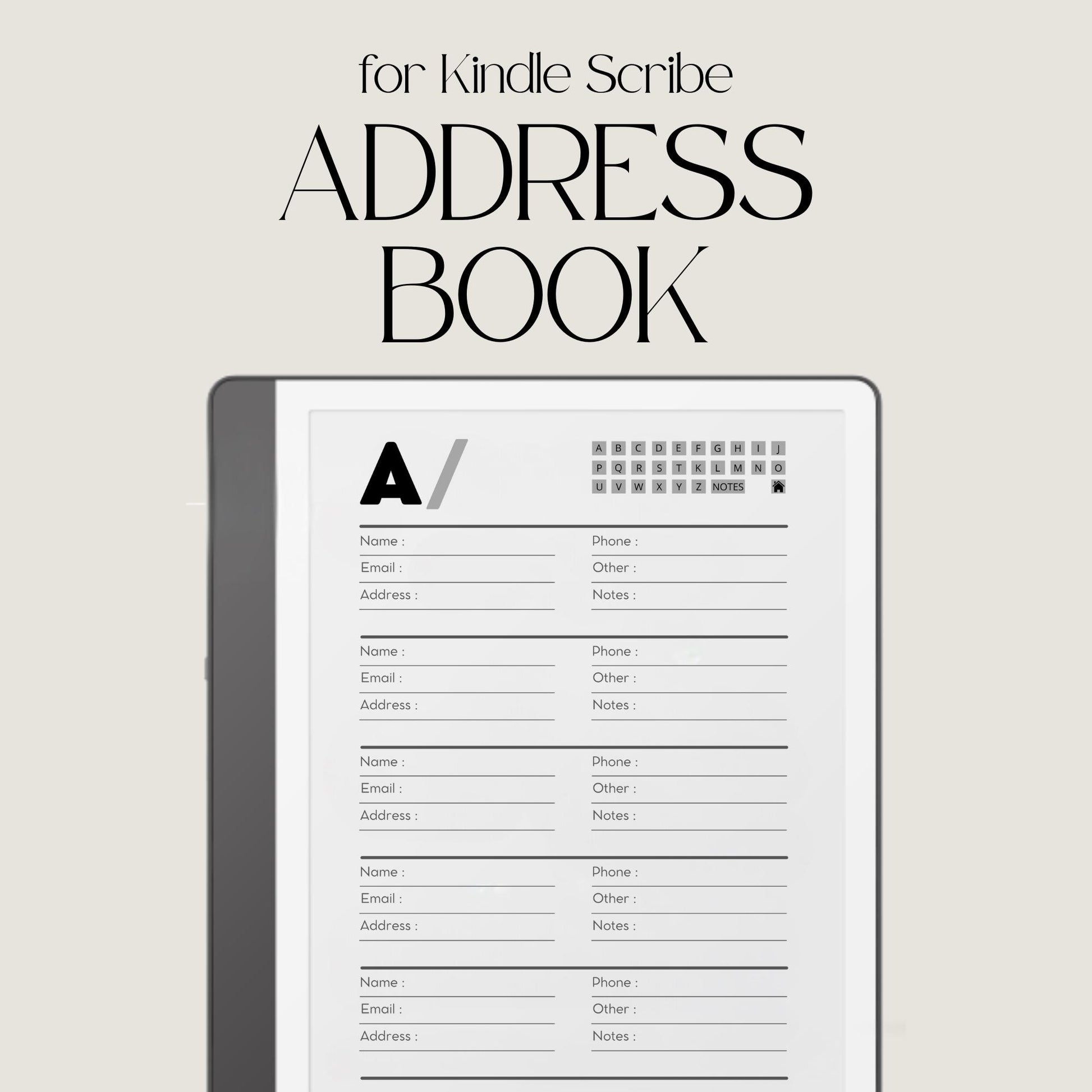 Minimalist hyperlinked Address Book for Kindle Scribe with A to Z navigation tabs, organized contact pages, notes section, and clean digital contact organizer layout.