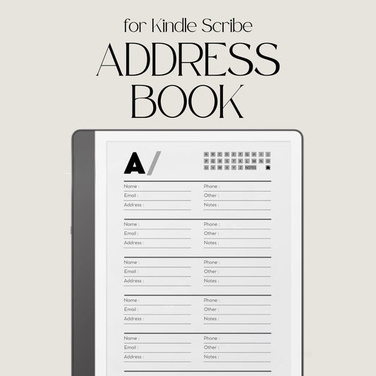 Minimalist hyperlinked Address Book for Kindle Scribe with A to Z navigation tabs, organized contact pages, notes section, and clean digital contact organizer layout.