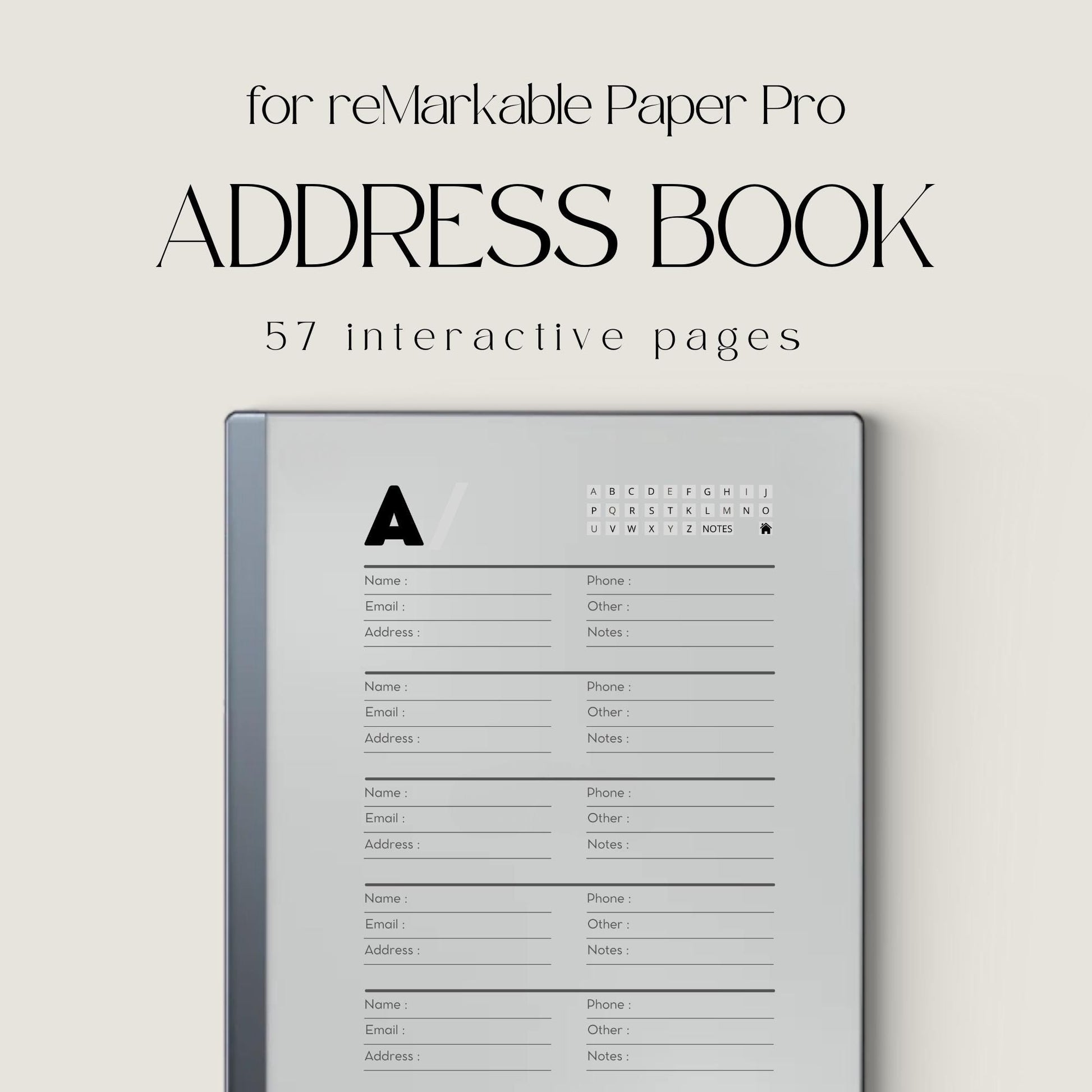 Address Book PDF for reMarkable 2 and Paper Pure with grayscale contact pages and hyperlinked digital address book layout