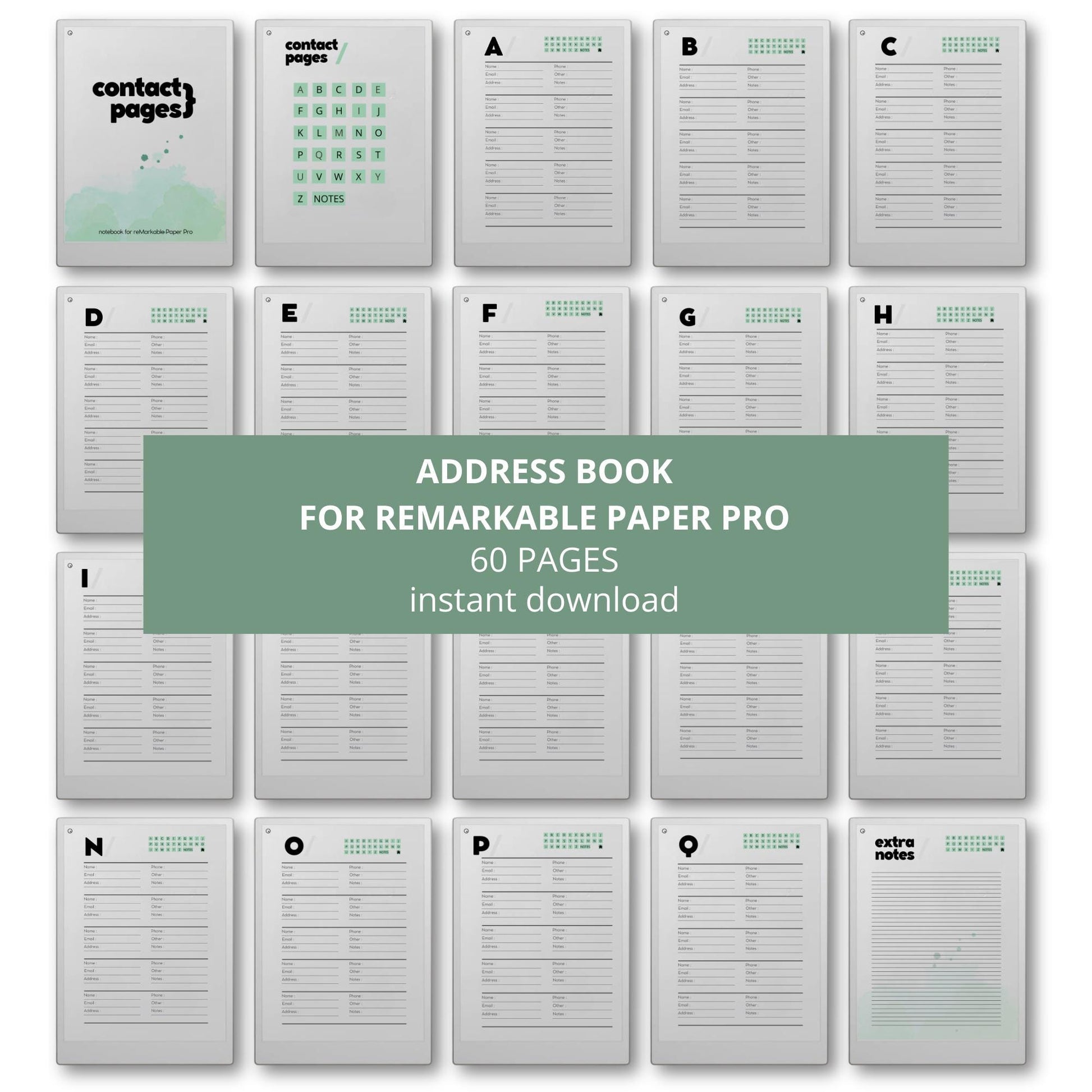 Address book for reMarkable Paper Pro with 60 alphabetical contact pages for organizing names phone numbers and emails.