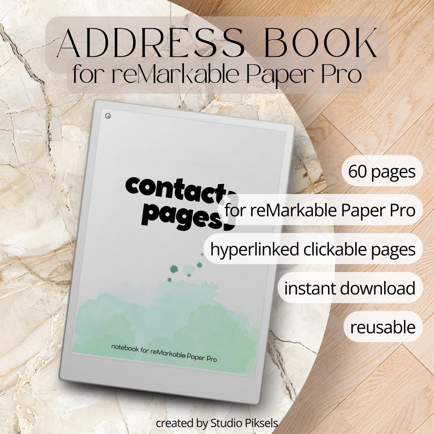 Address book for reMarkable Paper Pro with 60 alphabetical contact pages for organizing names phone numbers and emails.
