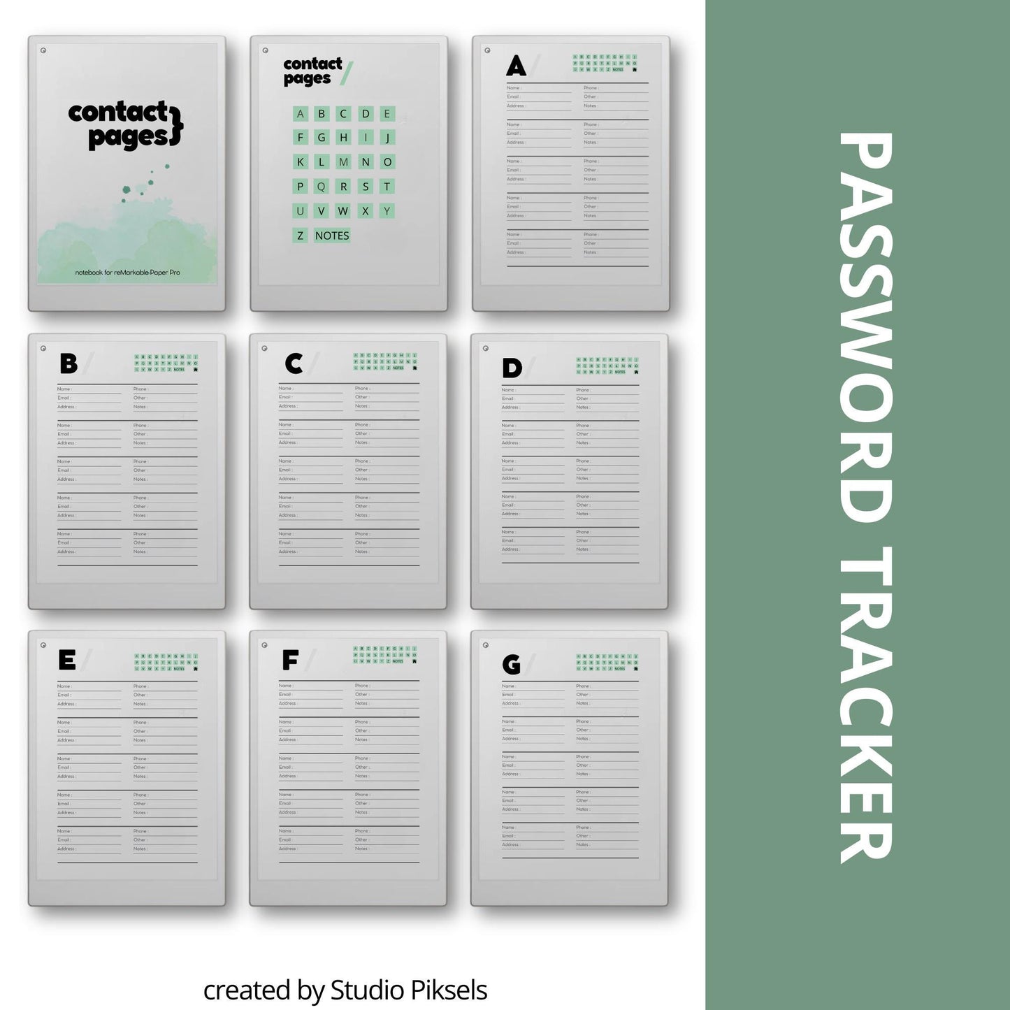 Address book for reMarkable Paper Pro with 60 alphabetical contact pages for organizing names phone numbers and emails.