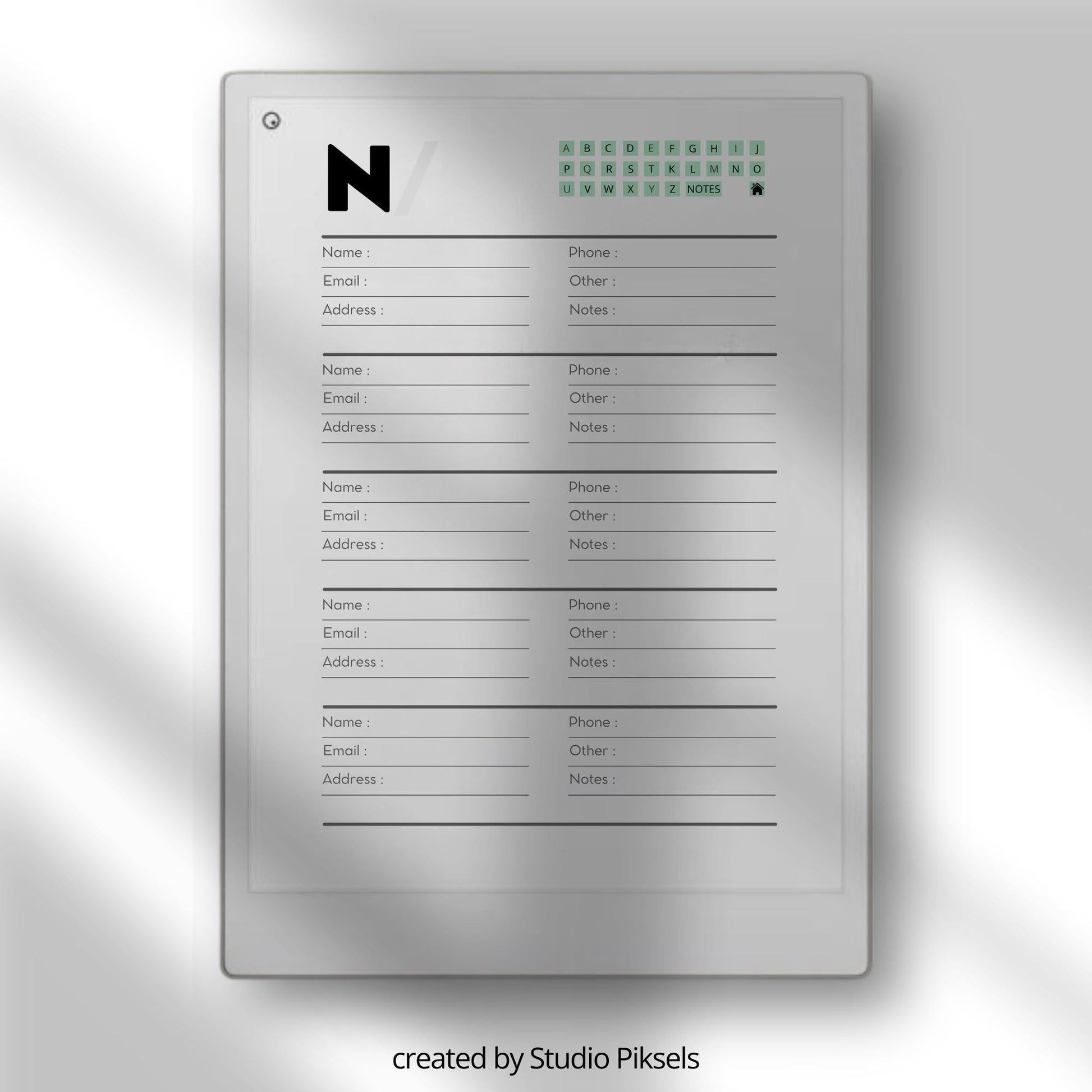 Address book for reMarkable Paper Pro with 60 alphabetical contact pages for organizing names phone numbers and emails.