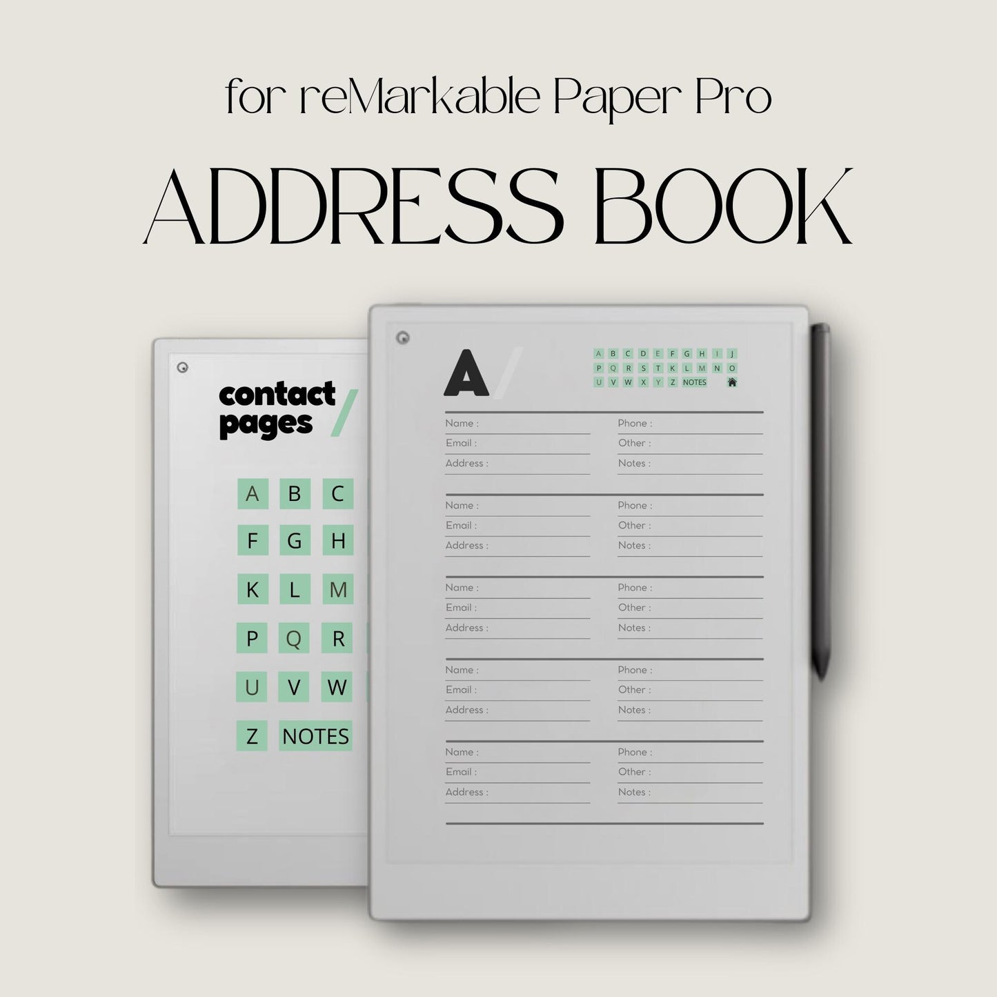 Address book for reMarkable Paper Pro with 60 alphabetical contact pages for organizing names phone numbers and emails.