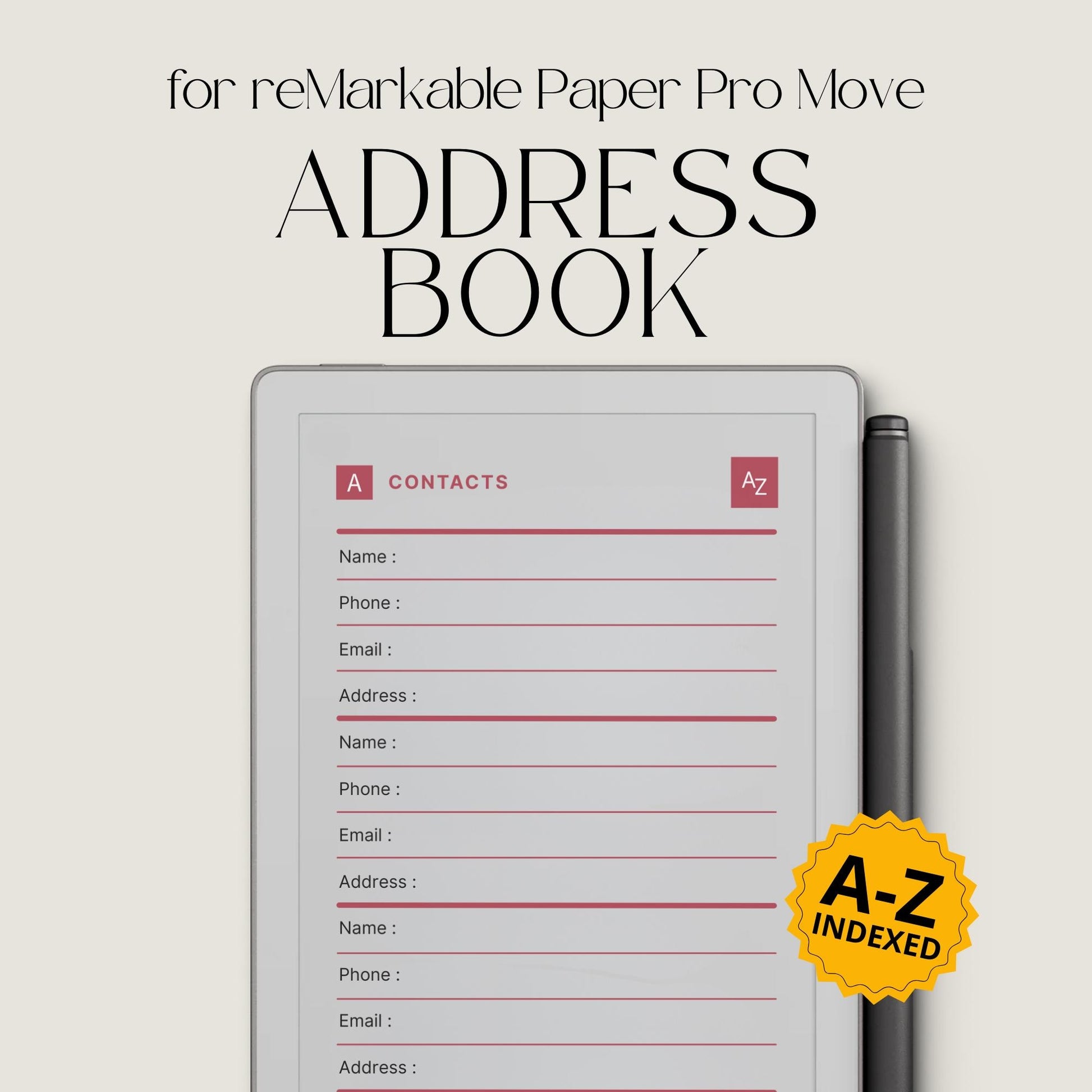 Hyperlinked digital address book for reMarkable Paper Pro Move featuring A–Z navigation, structured contact pages, and reusable layouts for storing names, emails, phone numbers, and addresses.