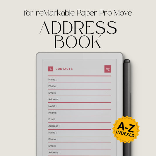 Hyperlinked digital address book for reMarkable Paper Pro Move featuring A–Z navigation, structured contact pages, and reusable layouts for storing names, emails, phone numbers, and addresses.