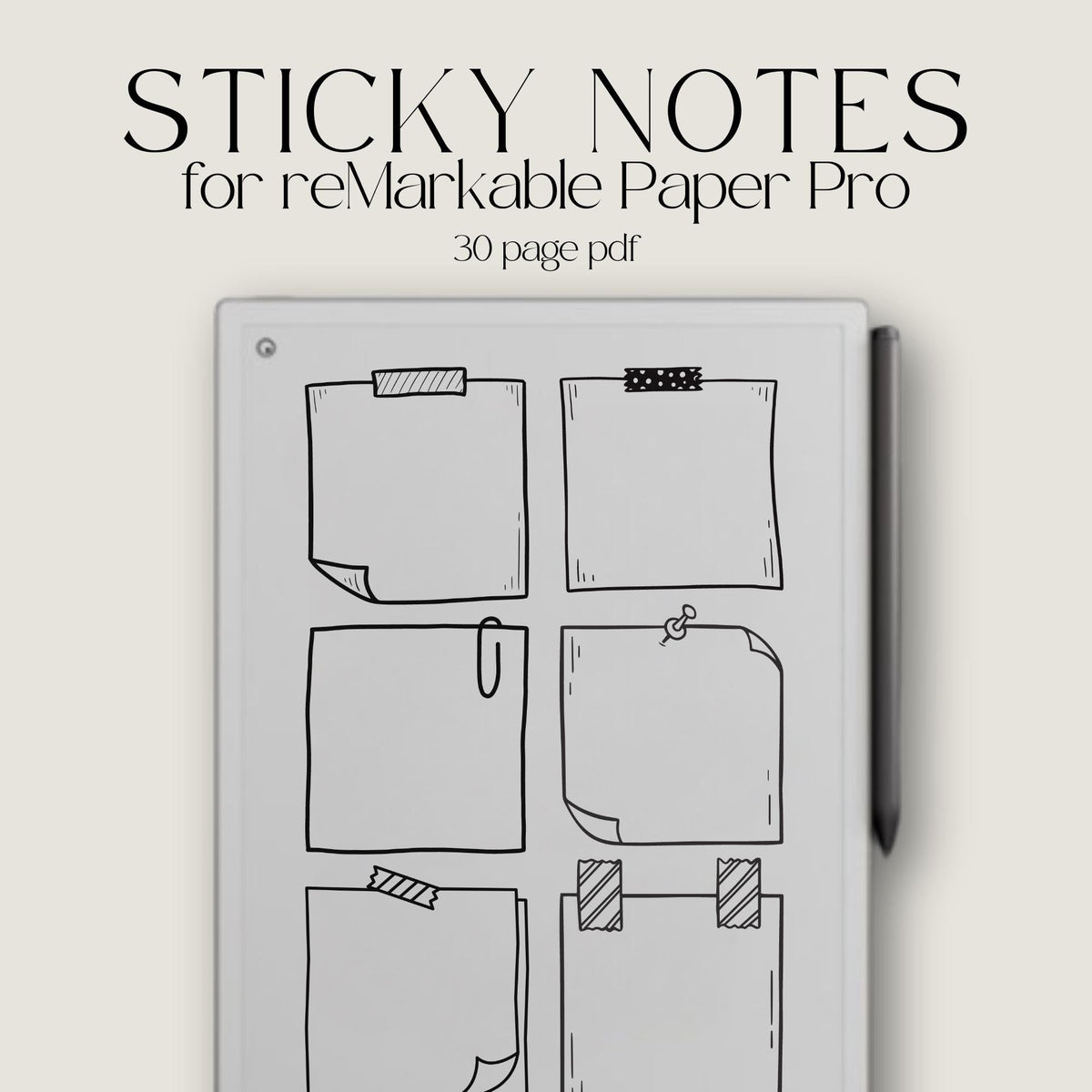 Black and white Sticky Notes digital notebook for reMarkable Paper Pro with 30 reusable pages and six memo sections per page, compatible with the Capture Tool.