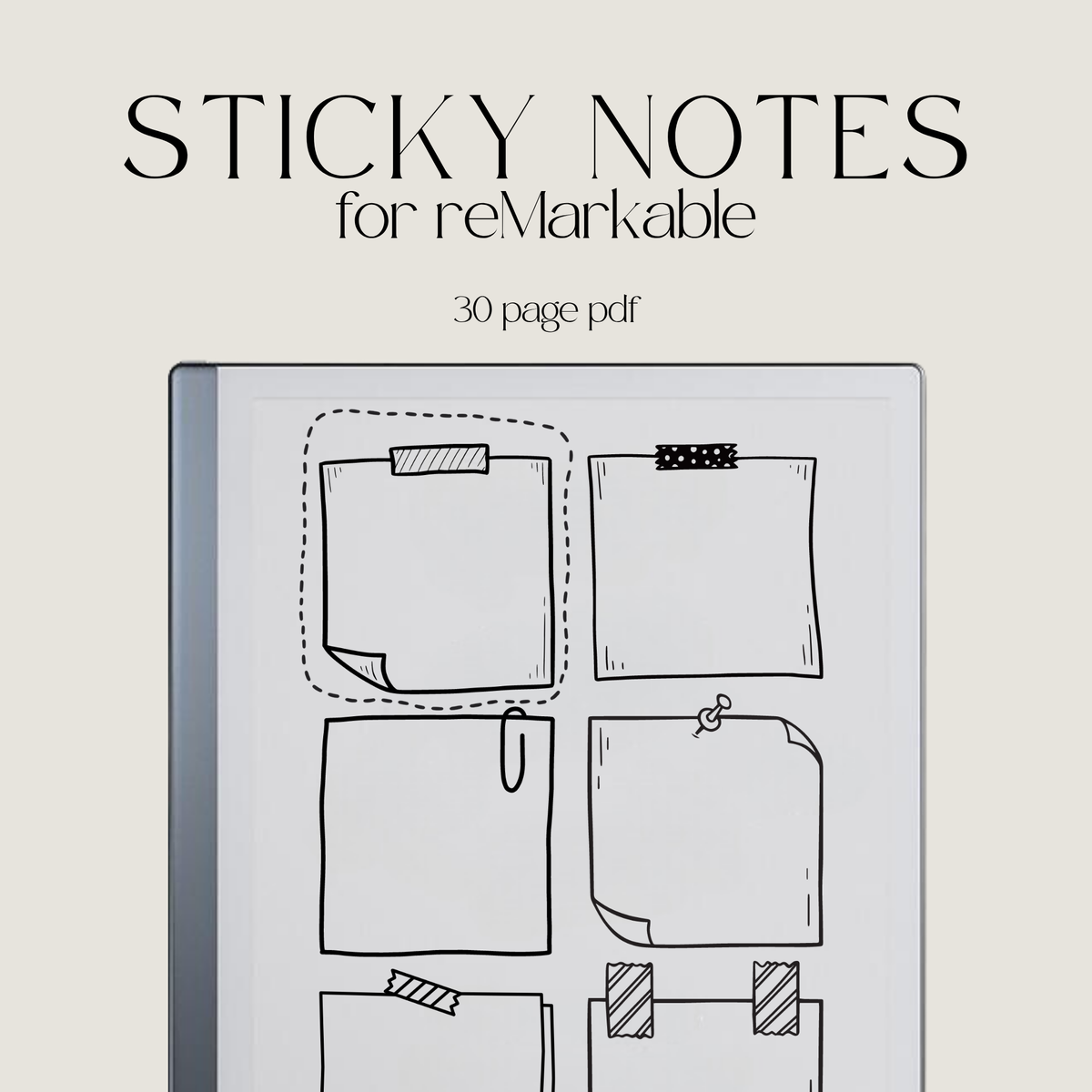 Black and white Sticky Notes digital notebook for reMarkable Paper Pro with 30 reusable pages and six memo sections per page, compatible with the Capture Tool.