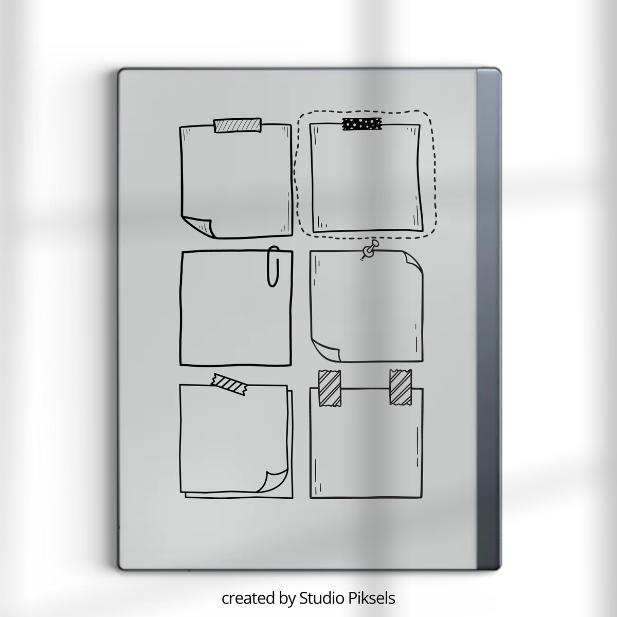 Black and white Sticky Notes digital notebook for reMarkable Paper Pro with 30 reusable pages and six memo sections per page, compatible with the Capture Tool.